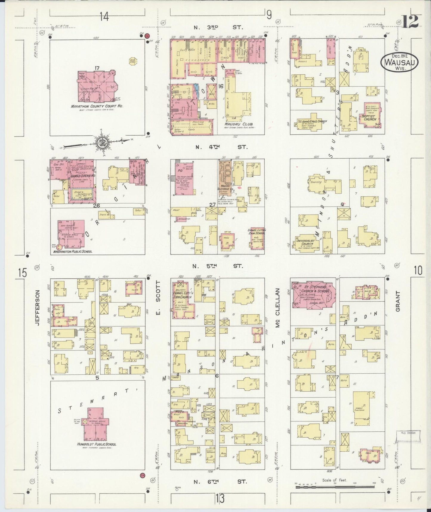 Sanborn Fire Insurance Map from Wausau, Marathon County, Wisconsin (1912), Sheet #0012 - Historic Sanborn Fire Insurance Map Print, vintage old map wall art, antique decor, genealogy gift, Wisconsin Wisconsin map