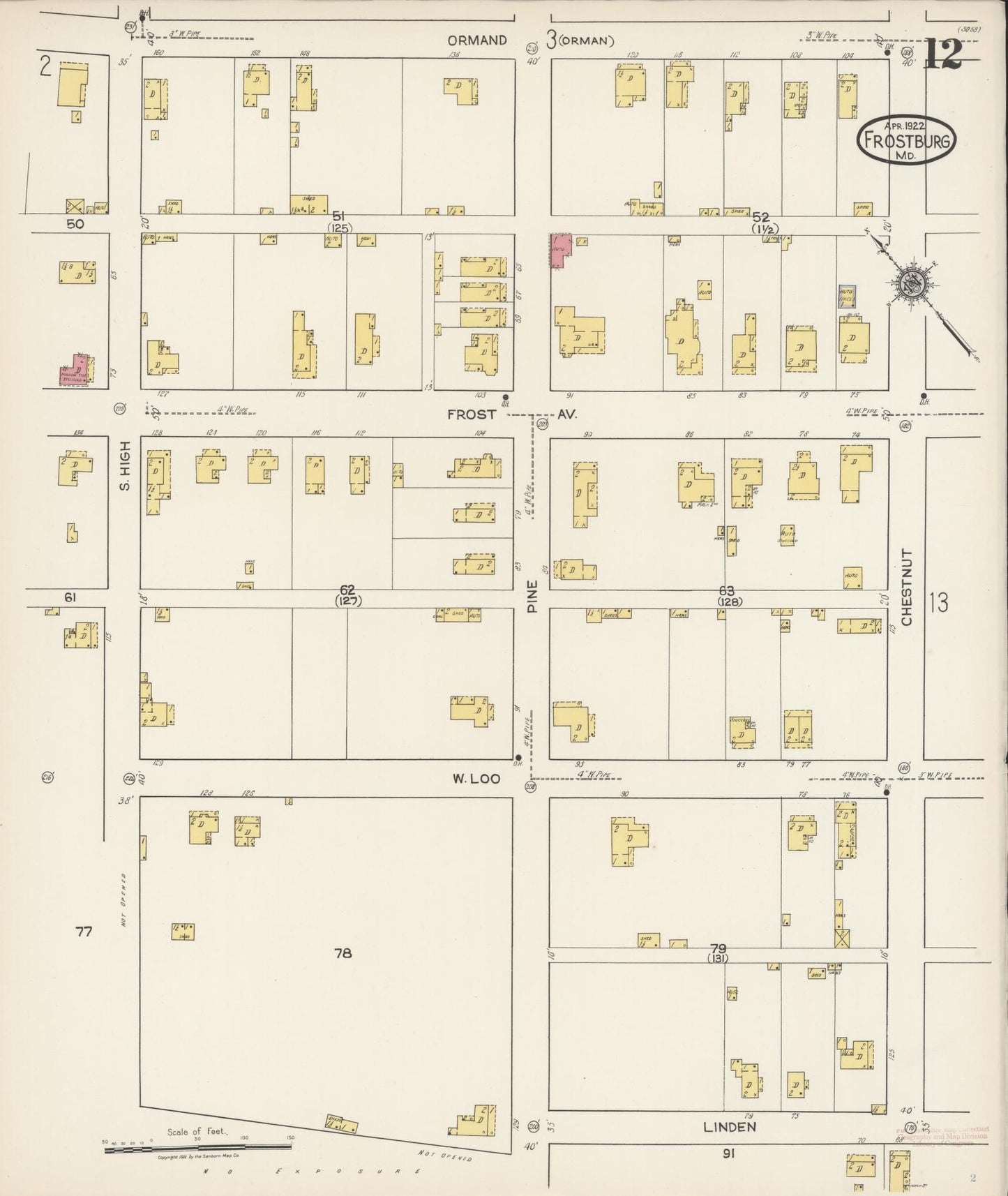 Sanborn Fire Insurance Map from Frostburg, Allegany County, Maryland (1922), Sheet #0012 - Historic Sanborn Fire Insurance Map Print, vintage old map wall art