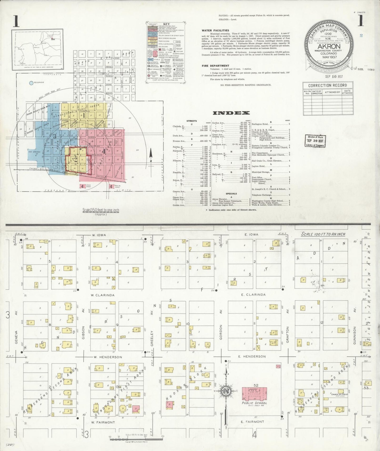 Sanborn Fire Insurance Map from Akron, Washington County, Colorado (1937), Sheet #0001 - Historic Sanborn Fire Insurance Map Print, vintage old map wall art, antique decor, genealogy gift, Colorado Colorado map