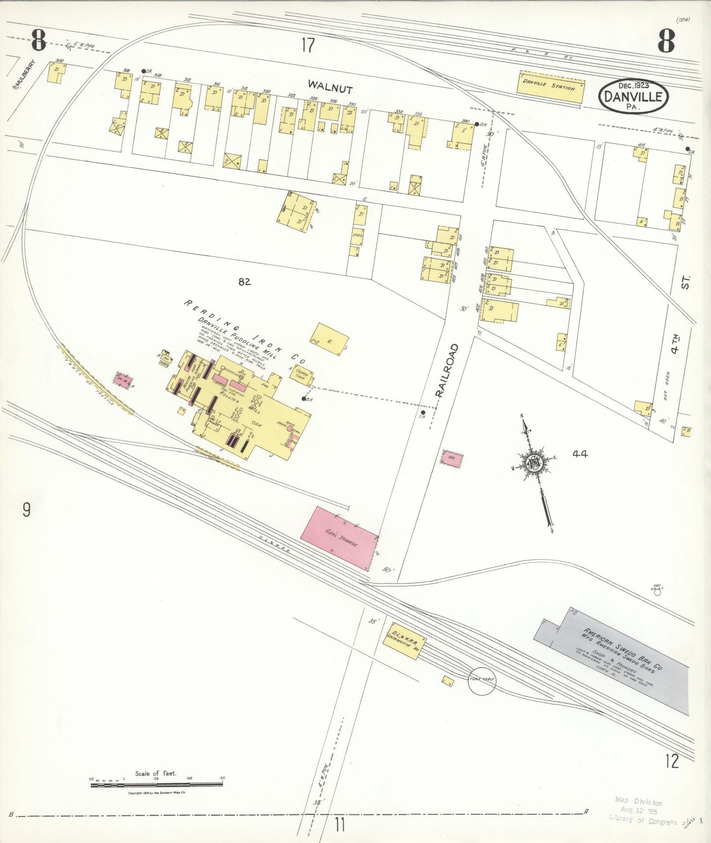 Sanborn Fire Insurance Map from Danville, Montour County, Pennsylvania (1923), Sheet #0008 - Historic Sanborn Fire Insurance Map Print, vintage old map wall art, antique decor, genealogy gift, Pennsylvania Pennsylvania map