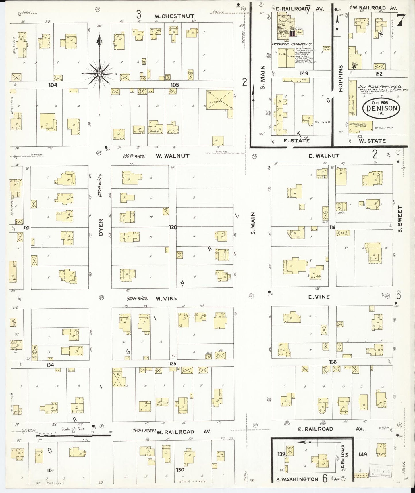 Sanborn Fire Insurance Map from Denison, Crawford County, Iowa (1908), Sheet #0007 - Historic Sanborn Fire Insurance Map Print, vintage old map wall art