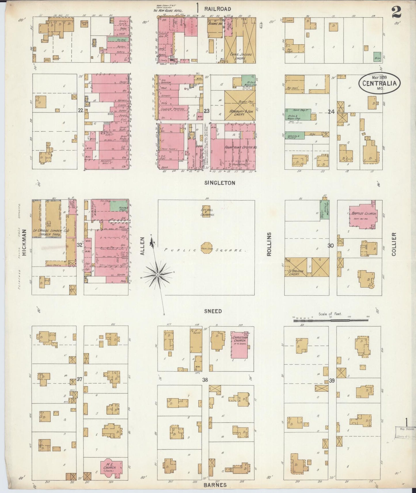 Sanborn Fire Insurance Map from Centralia, Boone County, Missouri (1899), Sheet #0002 - Historic Sanborn Fire Insurance Map Print, vintage old map wall art, antique decor, genealogy gift, Missouri Missouri map