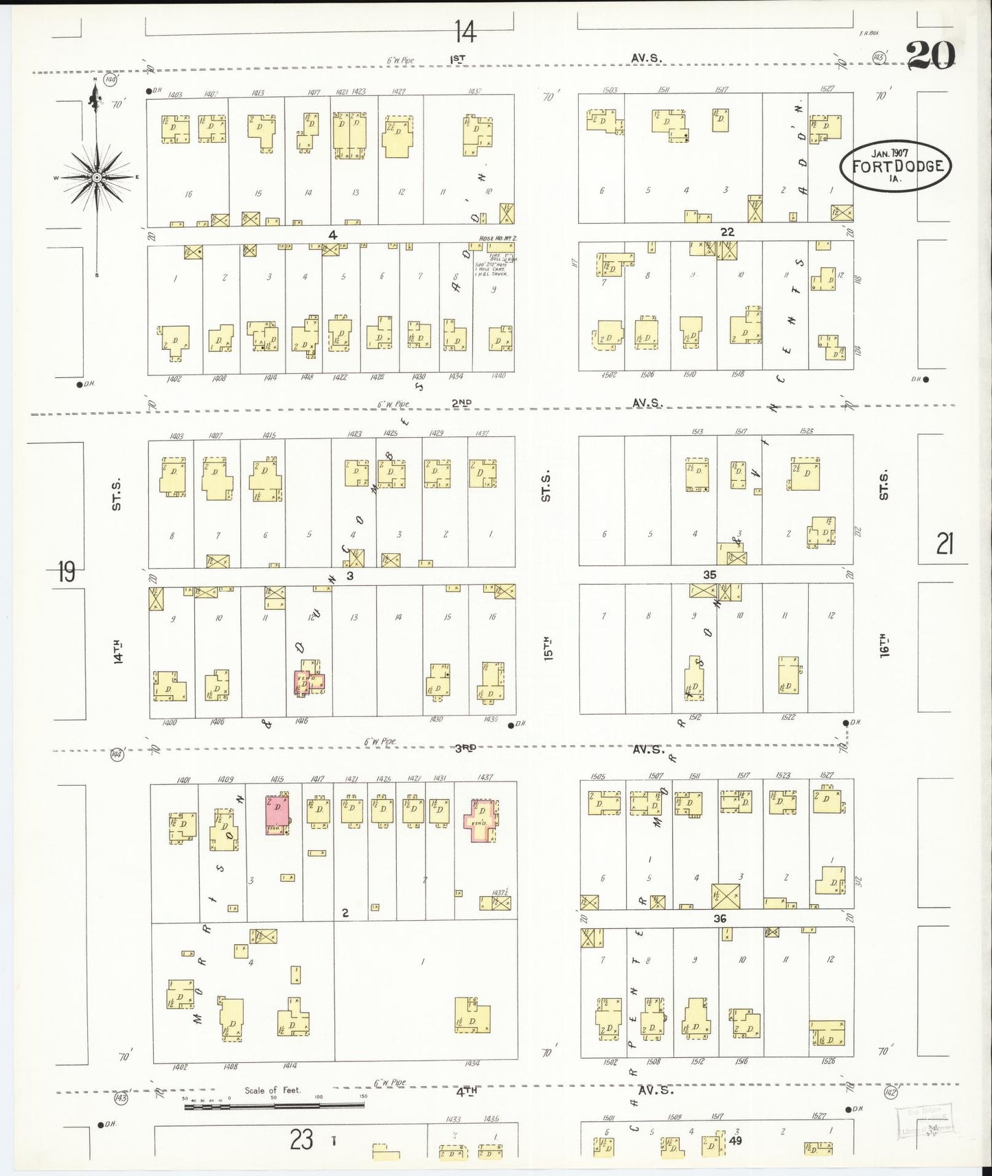 Sanborn Fire Insurance Map from Fort Dodge, Webster County, Iowa (1907), Sheet #0020 - Historic Sanborn Fire Insurance Map Print, vintage old map wall art