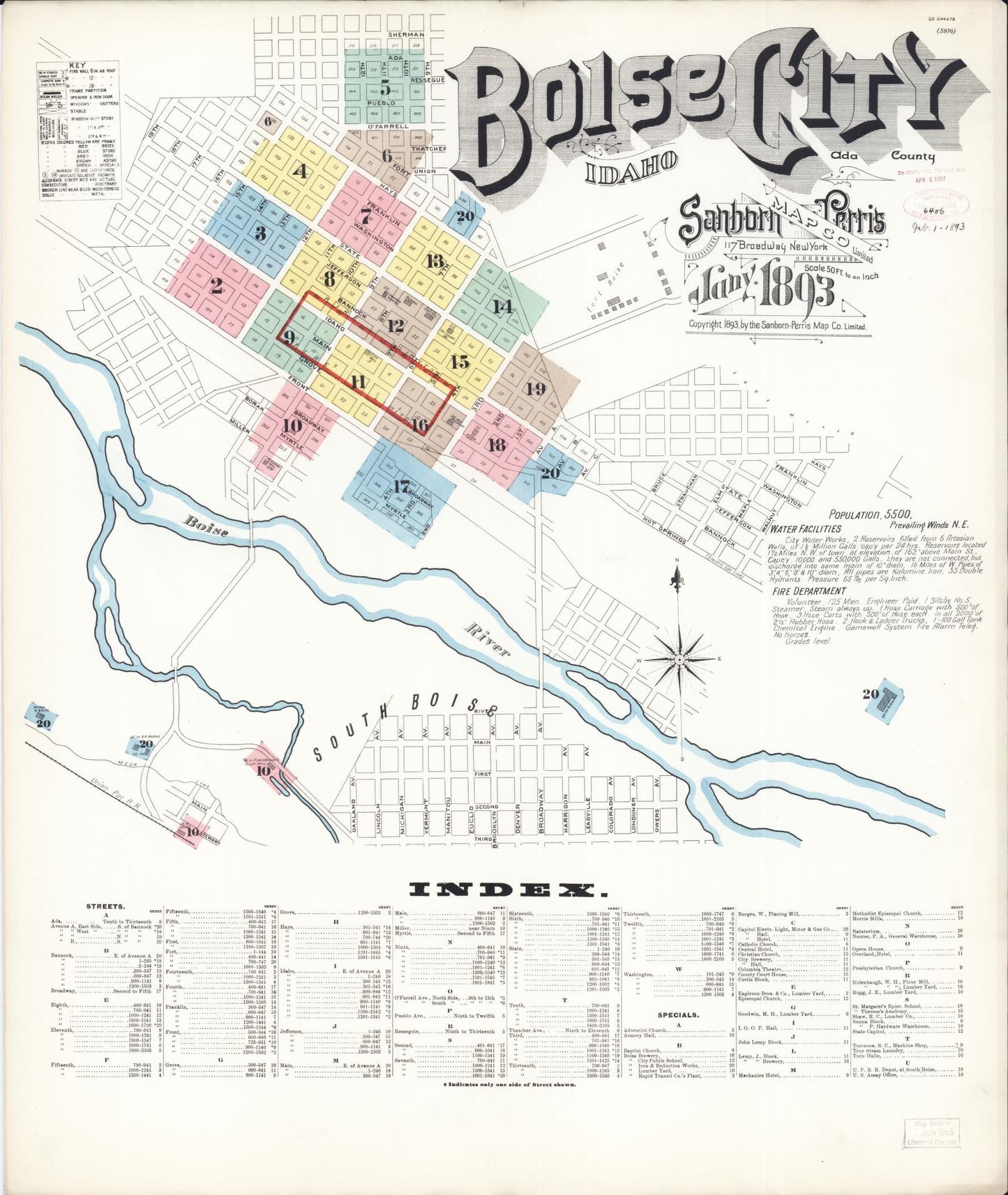 Sanborn Fire Insurance Map from Boise, Ada County, Idaho (1893), Sheet #0001 - Historic Sanborn Fire Insurance Map Print, vintage old map wall art, antique decor, genealogy gift, Idaho Idaho map