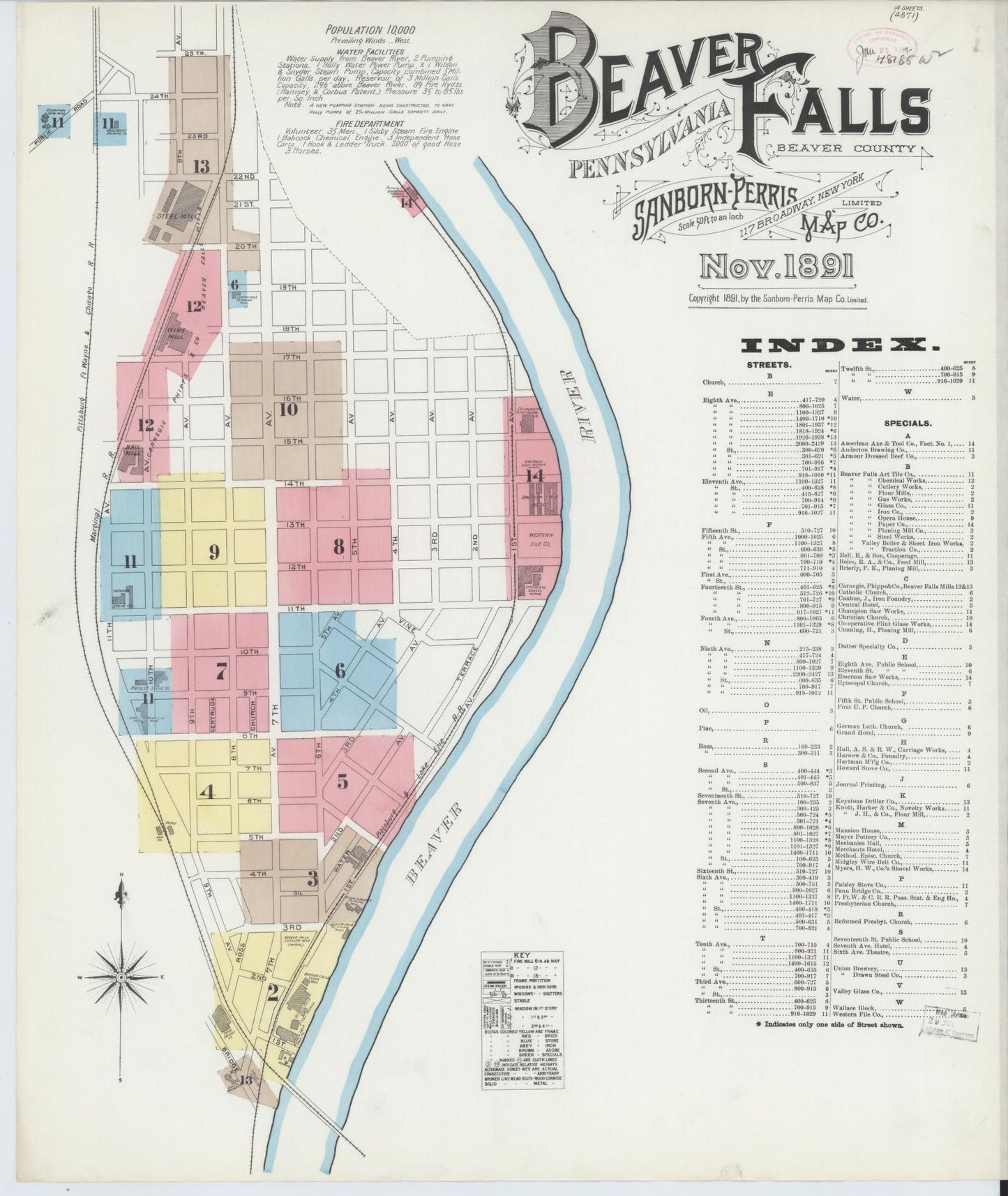Sanborn Fire Insurance Map from Beaver Falls, Beaver County, Pennsylvania (1891), Sheet #0001 - Historic Sanborn Fire Insurance Map Print, vintage old map wall art, antique decor, genealogy gift, Pennsylvania Pennsylvania map