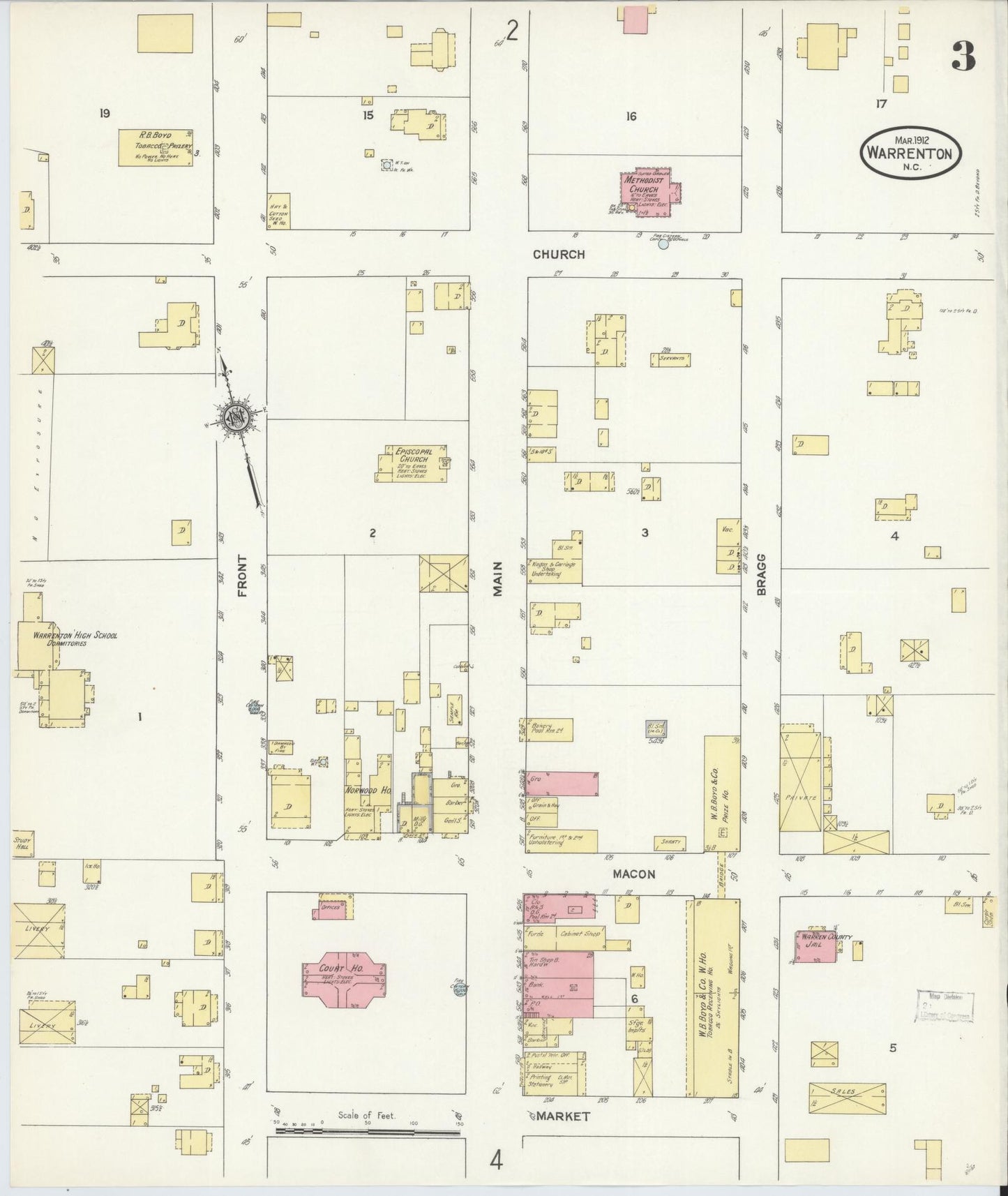 Sanborn Fire Insurance Map from Warrenton, Warren County, North Carolina (1912), Sheet #0003 - Historic Sanborn Fire Insurance Map Print, vintage old map wall art, antique decor, genealogy gift, North Carolina North Carolina map