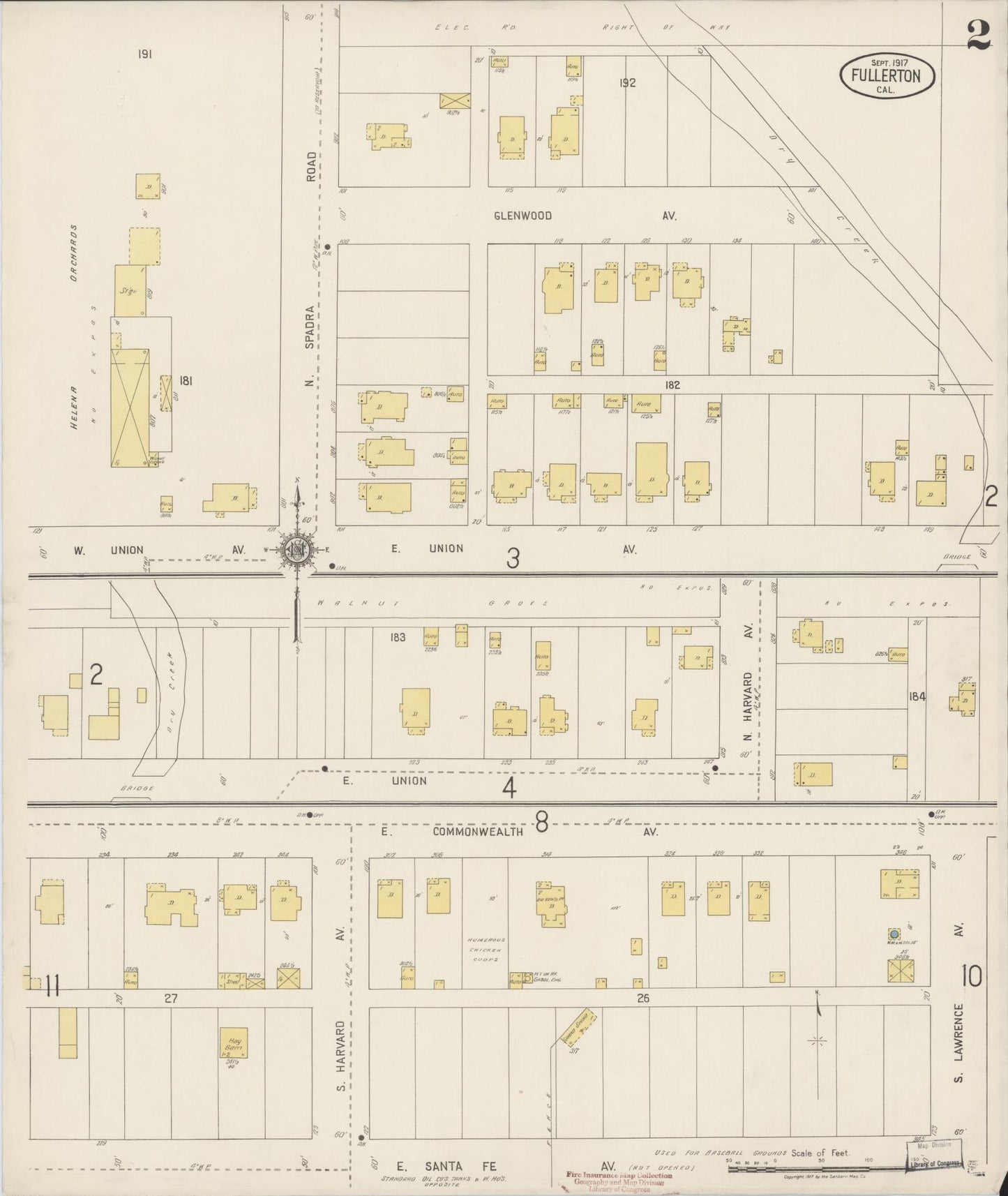 Sanborn Fire Insurance Map from Fullerton, Orange County, California (1917), Sheet #0002 - Historic Sanborn Fire Insurance Map Print, vintage old map wall art, antique decor, genealogy gift, California California map