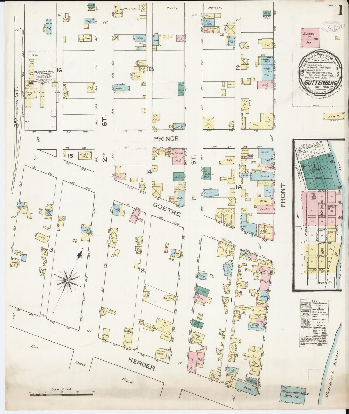 Sanborn Fire Insurance Map from Guttenberg, Clayton County, Iowa (1886), Sheet #0001 - Historic Sanborn Fire Insurance Map Print, vintage old map wall art