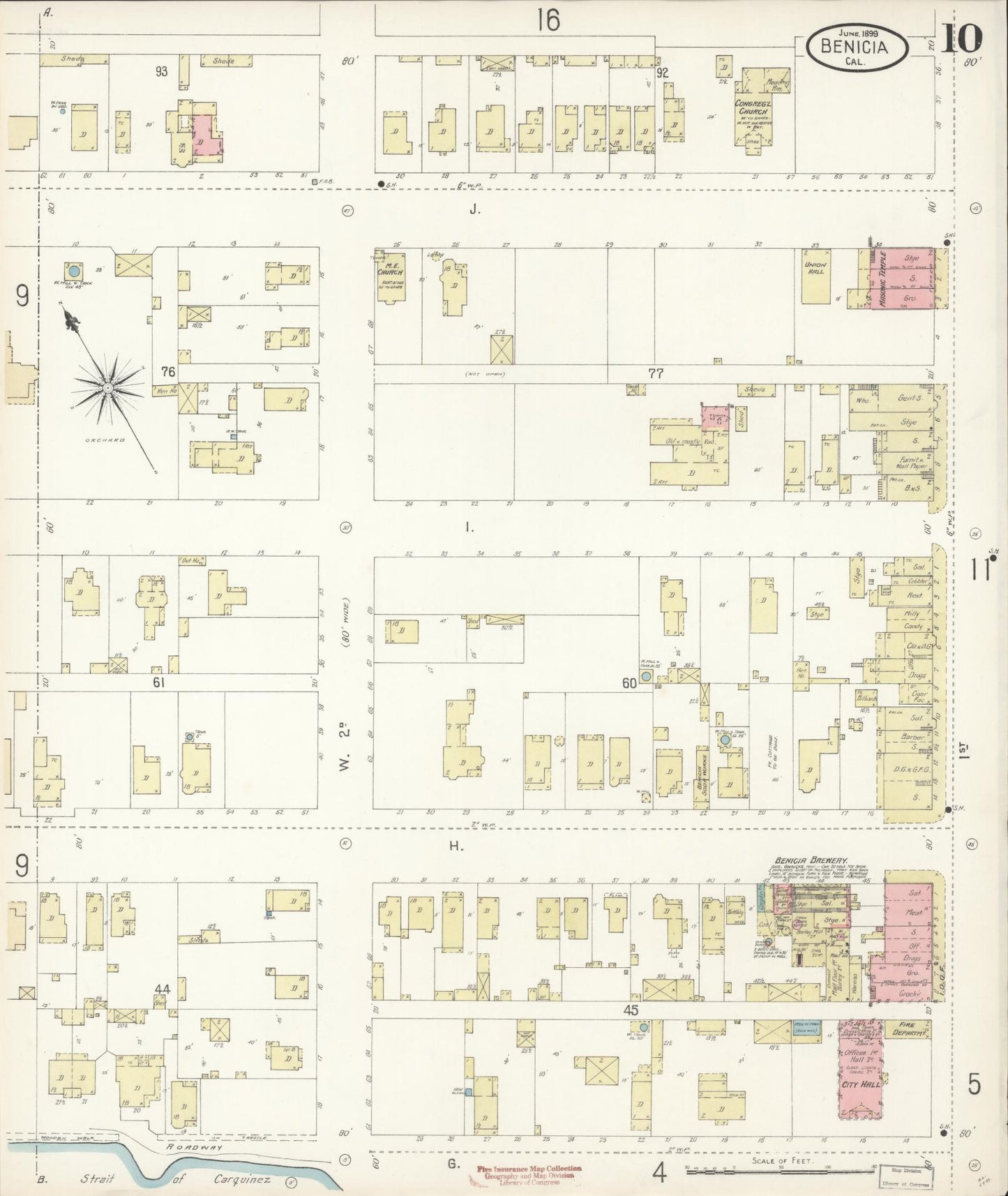 Sanborn Fire Insurance Map from Benicia, Solano County, California (1899), Sheet #0010 - Historic Sanborn Fire Insurance Map Print, vintage old map wall art, antique decor, genealogy gift, California California map