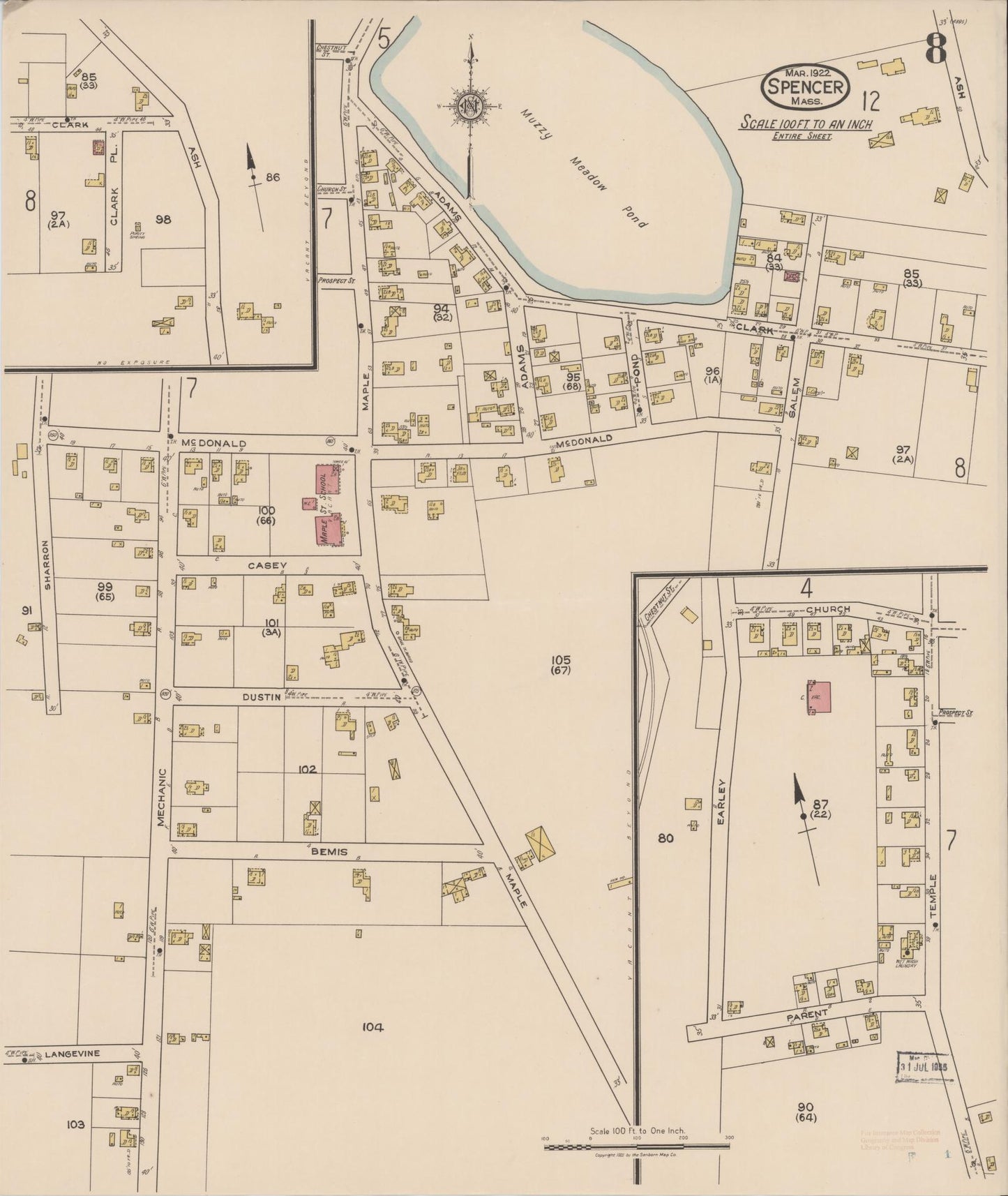 Sanborn Fire Insurance Map from Spencer, Worcester County, Massachusetts (1922), Sheet #0008 - Historic Sanborn Fire Insurance Map Print, vintage old map wall art, antique decor, genealogy gift, Massachusetts Massachusetts map