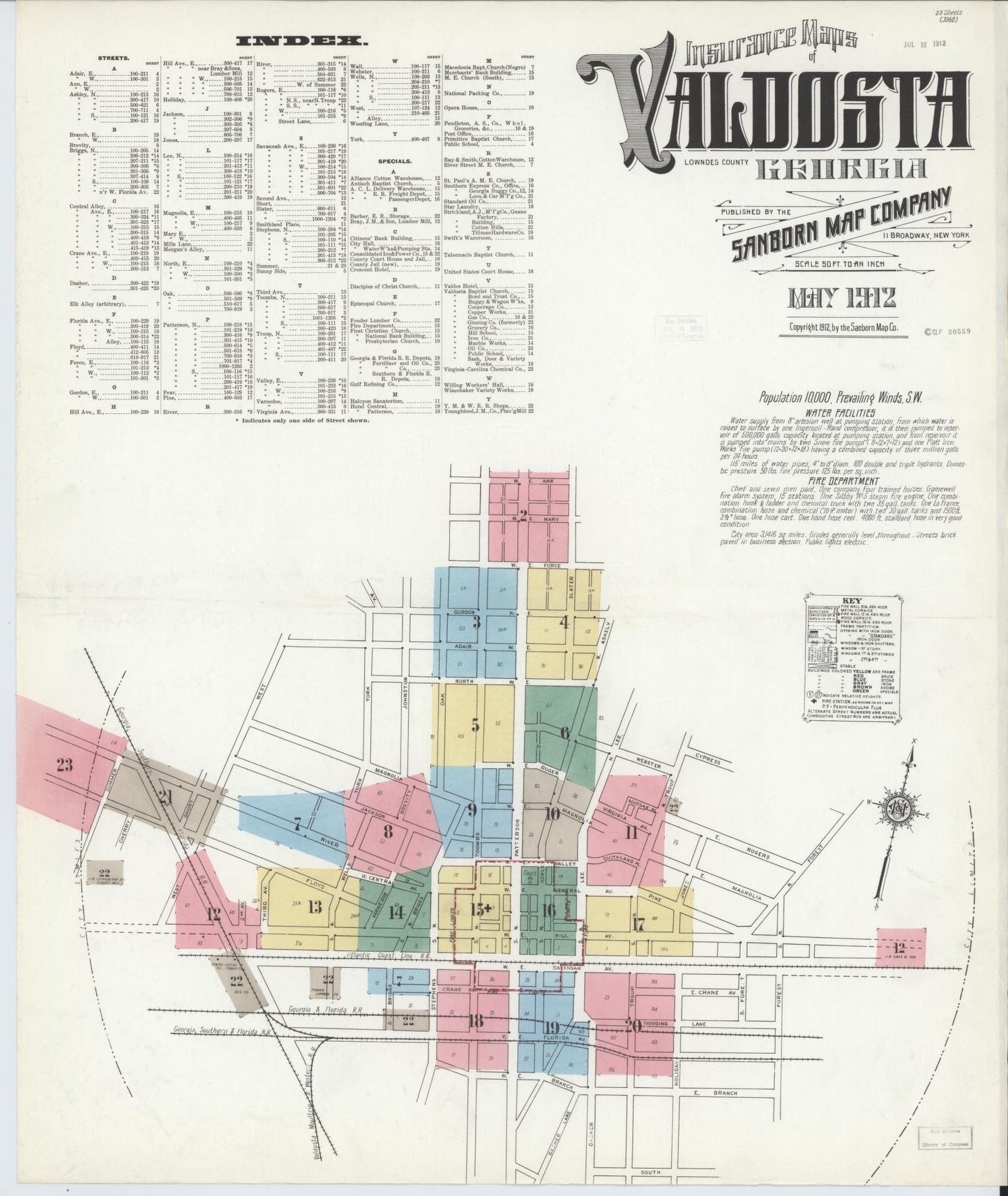 Sanborn Fire Insurance Map from Valdosta, Lowndes County, Georgia (1912), Sheet #0001 - Historic Sanborn Fire Insurance Map Print, vintage old map wall art, antique decor, genealogy gift, Georgia Georgia map