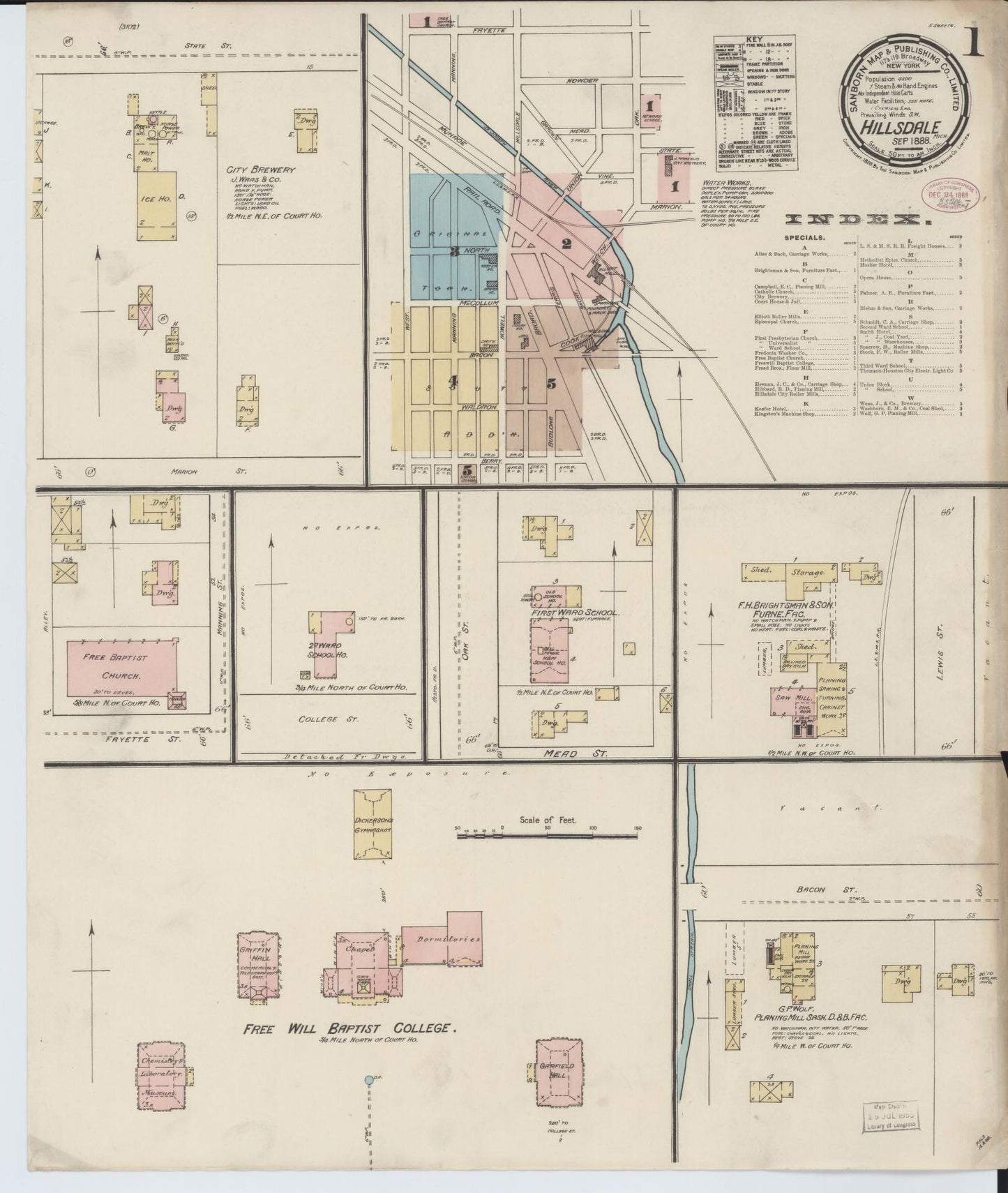 Sanborn Fire Insurance Map from Hillsdale, Hillsdale County, Michigan. (1888) – Historic Sanborn Fire Insurance Map Print