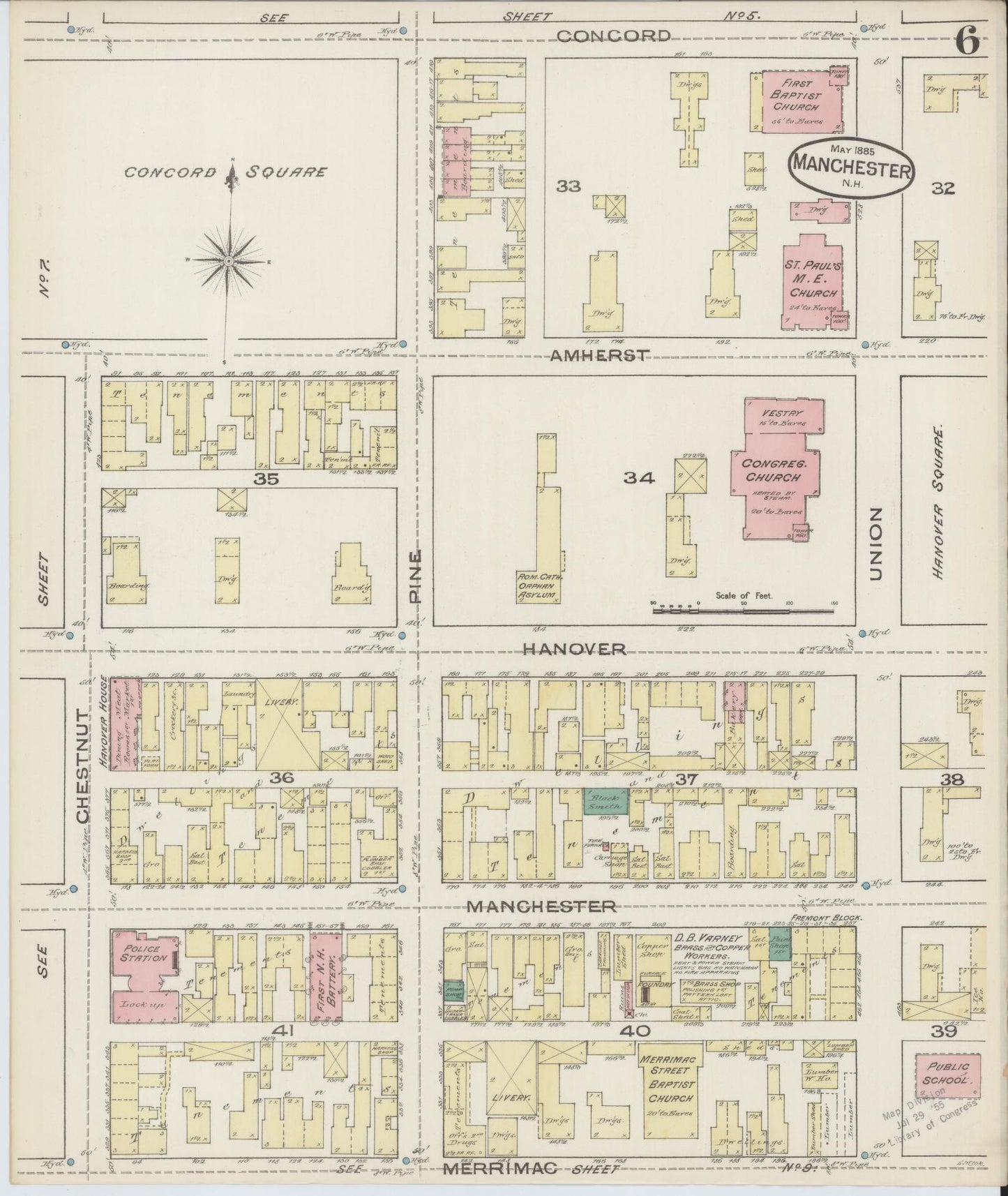 Sanborn Fire Insurance Map from Manchester, Hillsborough County, New Hampshire. (1885), Sheet 6 – Historic Sanborn Fire Insurance Map Print