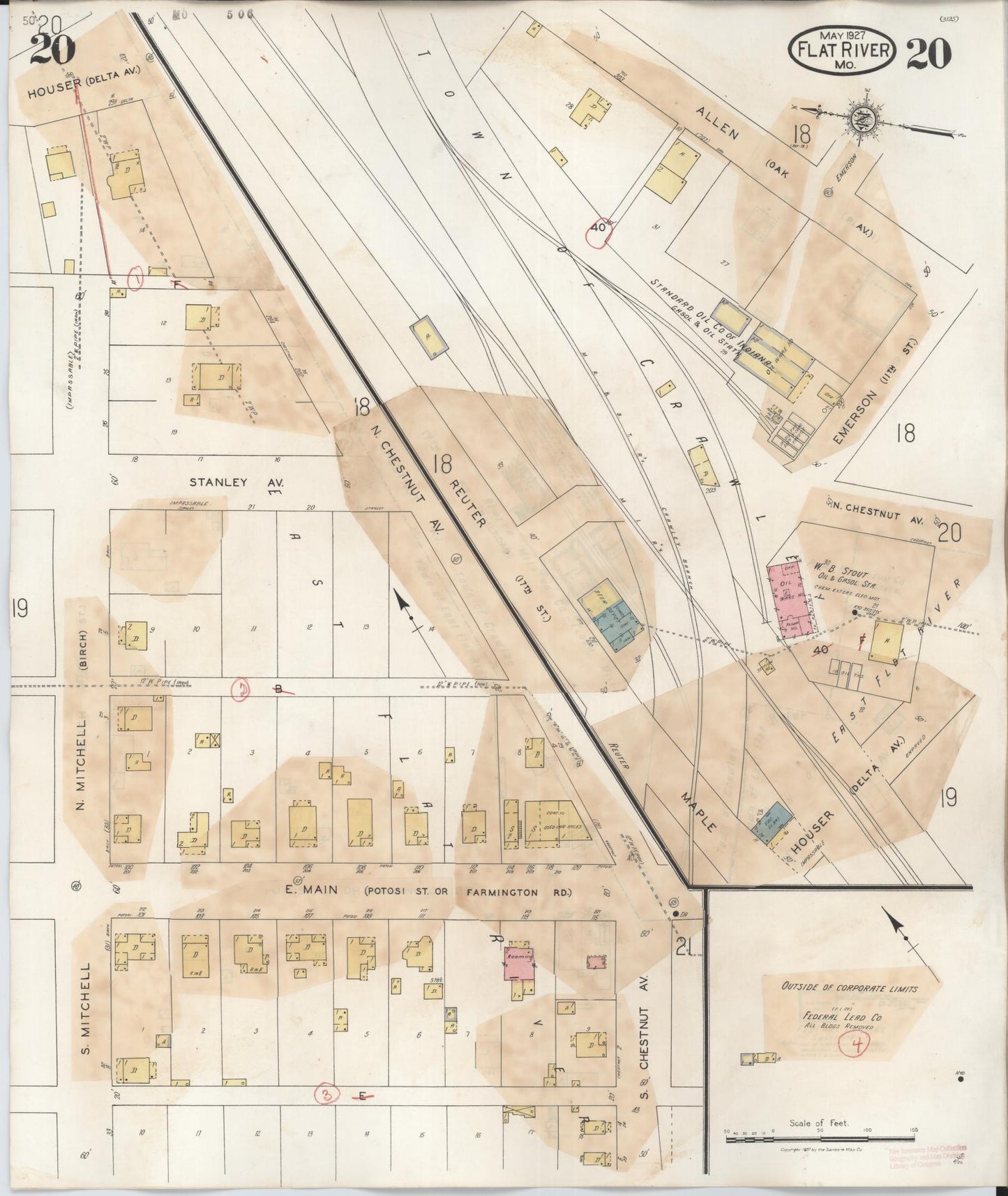 Sanborn Fire Insurance Map from Flat River, Saint Francois County, Missouri (1938), Sheet #0020 - Historic Sanborn Fire Insurance Map Print, vintage old map wall art, antique decor, genealogy gift, Missouri Missouri map