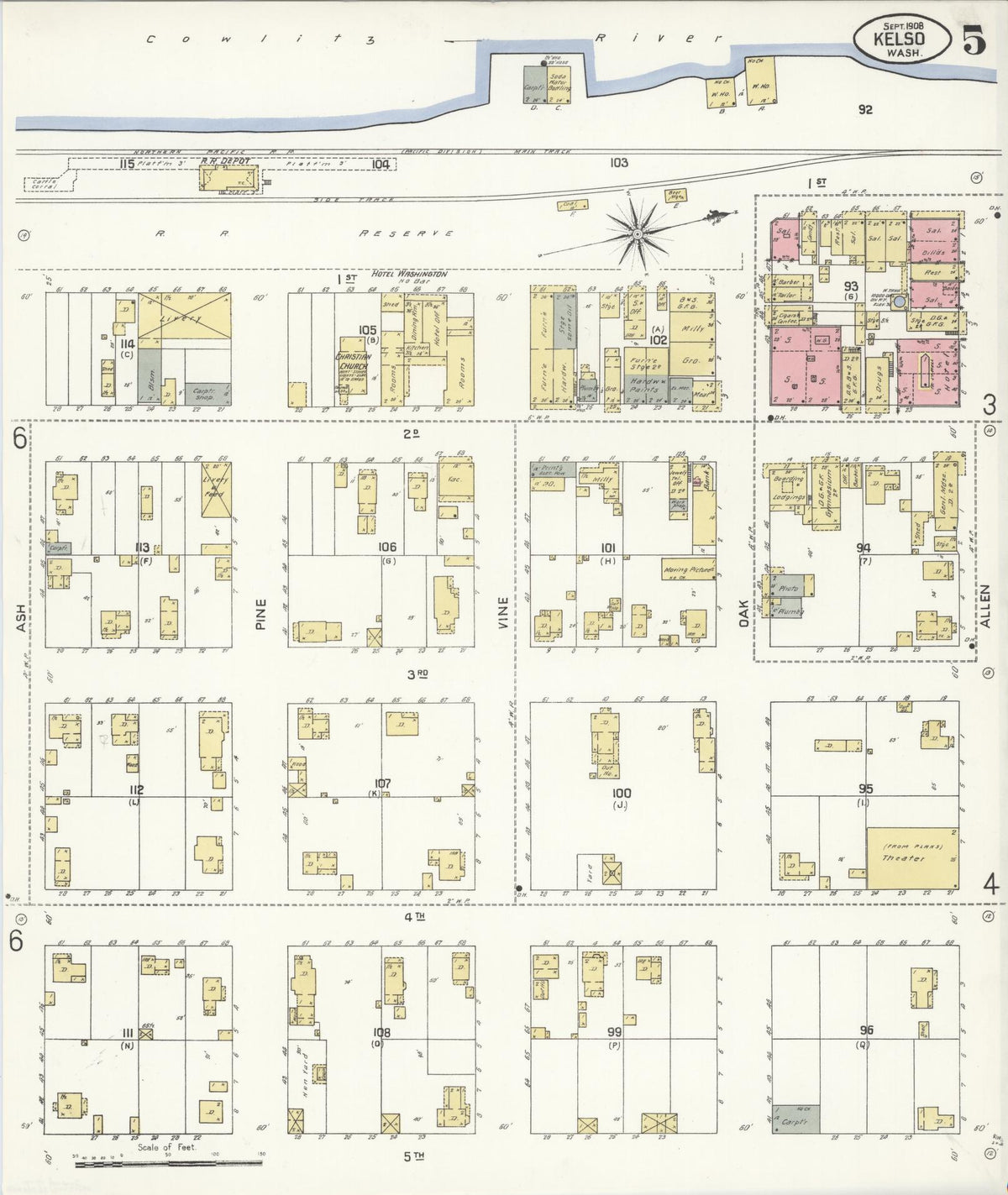 Sanborn Fire Insurance Map from Kelso, Cowlitz County, Washington (1908), Sheet #0005 - Historic Sanborn Fire Insurance Map Print, vintage old map wall art, antique decor, genealogy gift, Washington Washington map