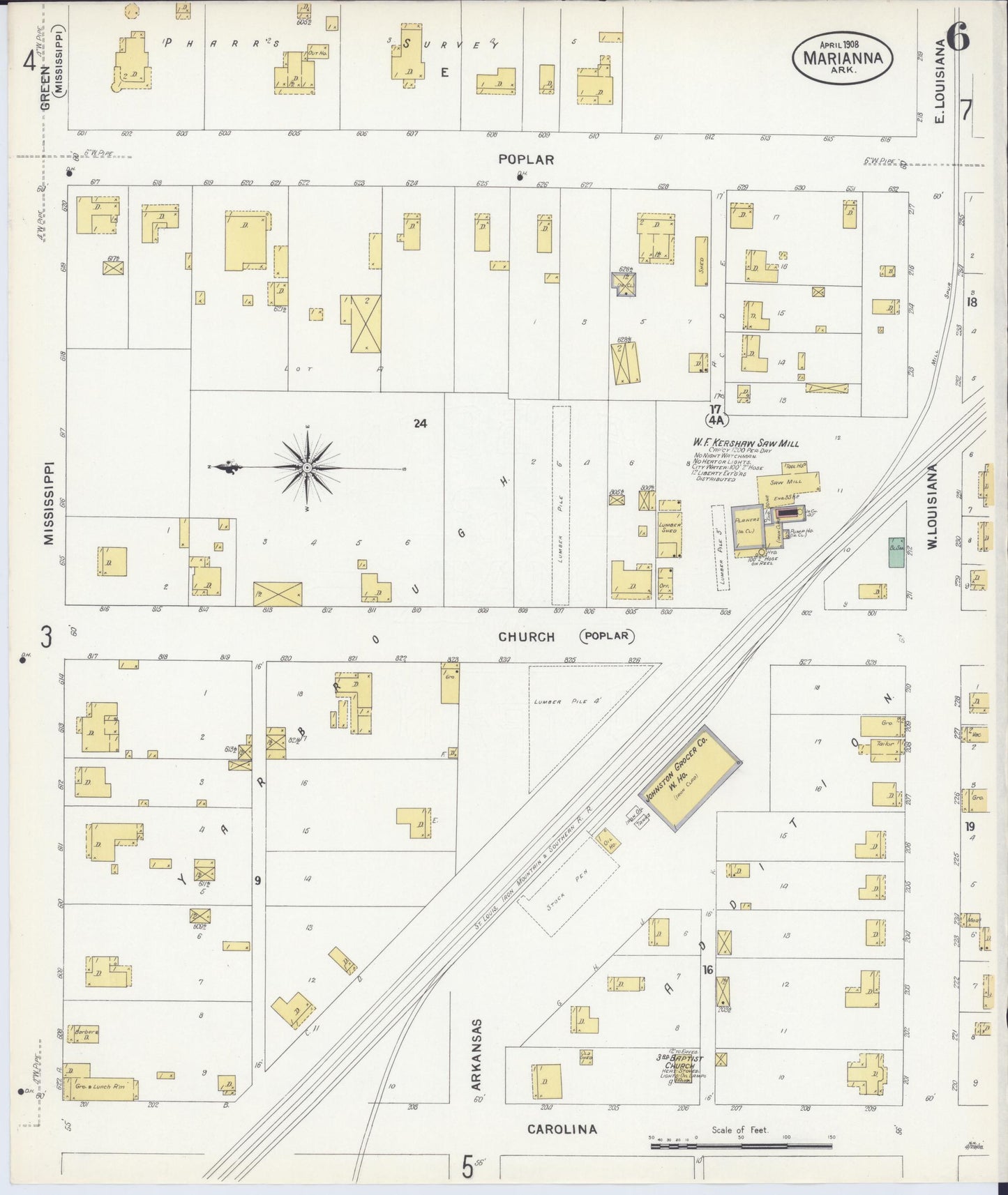 Sanborn Fire Insurance Map from Marianna, Lee County, Arkansas (1908), Sheet #0006 - Historic Sanborn Fire Insurance Map Print, vintage old map wall art, antique decor, genealogy gift, Arkansas Arkansas map