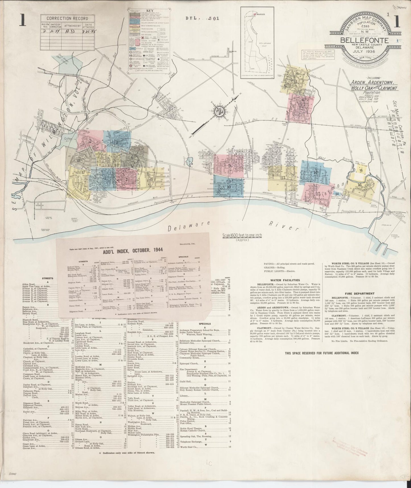 Sanborn Fire Insurance Map from Bellefonte, New Castle County, Delaware (1944), Sheet #0001 - Historic Sanborn Fire Insurance Map Print, vintage old map wall art, antique decor, genealogy gift, Delaware Delaware map