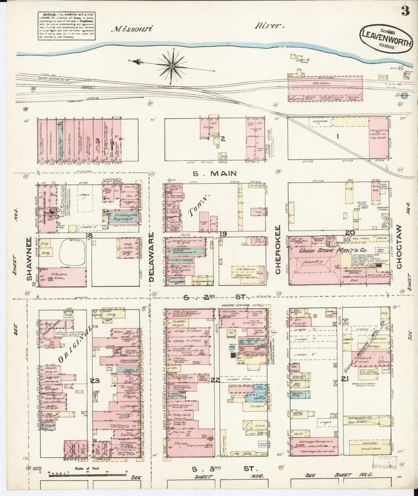 Sanborn Fire Insurance Map from Leavenworth, Leavenworth County, Kansas (1883), Sheet #0003 - Historic Sanborn Fire Insurance Map Print, vintage old map wall art, antique decor, genealogy gift, Kansas Kansas map
