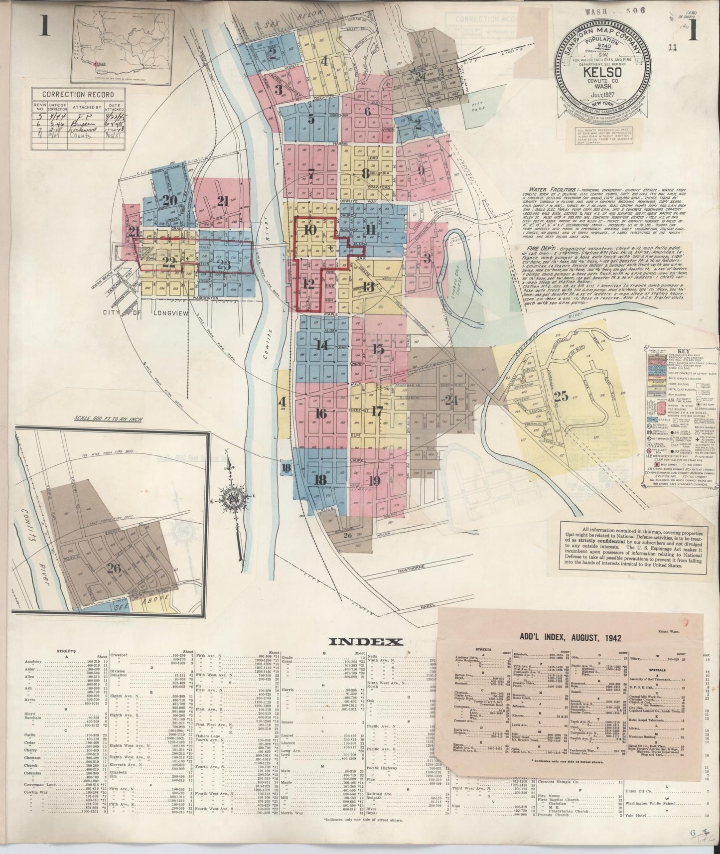 Sanborn Fire Insurance Map from Kelso, Cowlitz County, Washington (1949), Sheet #0001 - Historic Sanborn Fire Insurance Map Print, vintage old map wall art, antique decor, genealogy gift, Washington Washington map