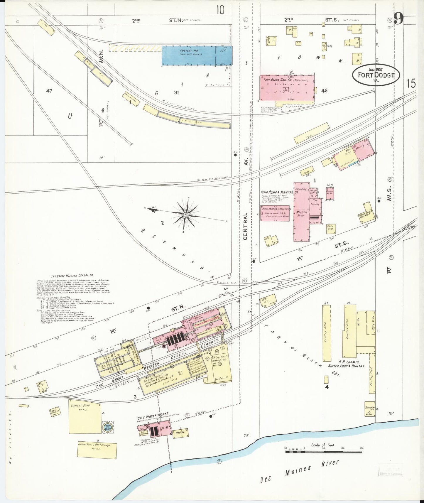 Sanborn Fire Insurance Map from Fort Dodge, Webster County, Iowa (1907), Sheet #0009 - Historic Sanborn Fire Insurance Map Print, vintage old map wall art