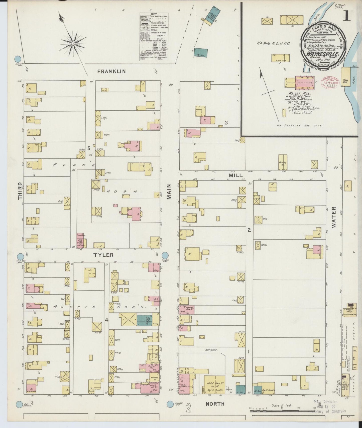 Sanborn Fire Insurance Map from Waynesville, Warren County, Ohio (1895), Sheet #0001 - Historic Sanborn Fire Insurance Map Print, vintage old map wall art, antique decor, genealogy gift, Ohio Ohio map