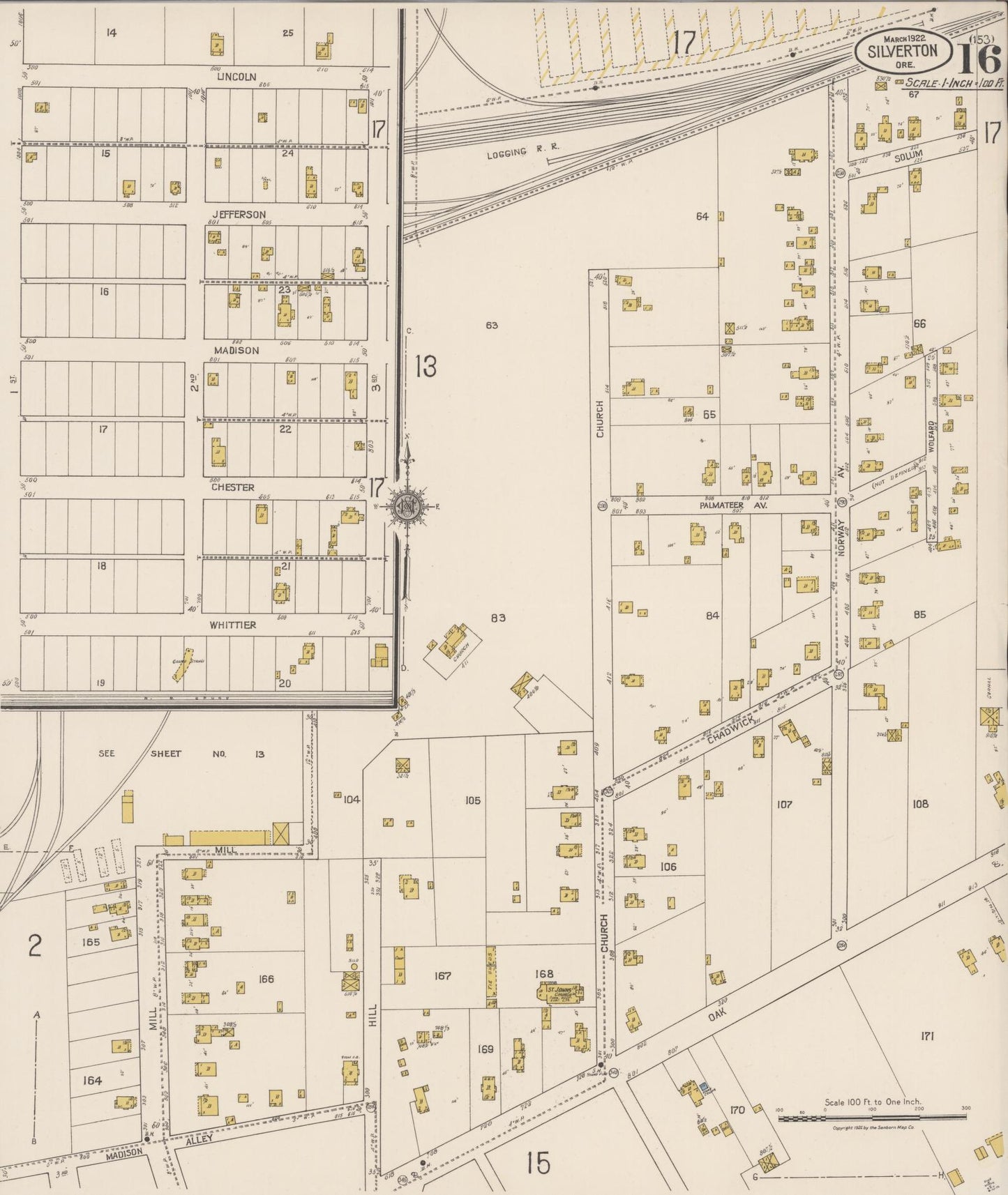 Sanborn Fire Insurance Map from Silverton, Marion County, Oregon (1922), Sheet #0016 - Historic Sanborn Fire Insurance Map Print, vintage old map wall art, antique decor, genealogy gift, Oregon Oregon map