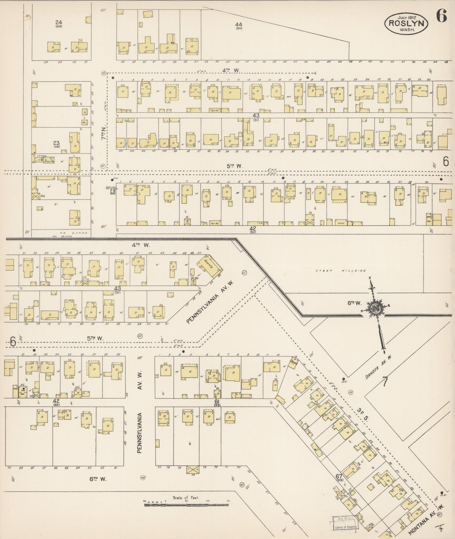 Sanborn Fire Insurance Map from Roslyn, Kittitas County, Washington (1912), Sheet #0006 - Historic Sanborn Fire Insurance Map Print, vintage old map wall art, antique decor, genealogy gift, Washington Washington map