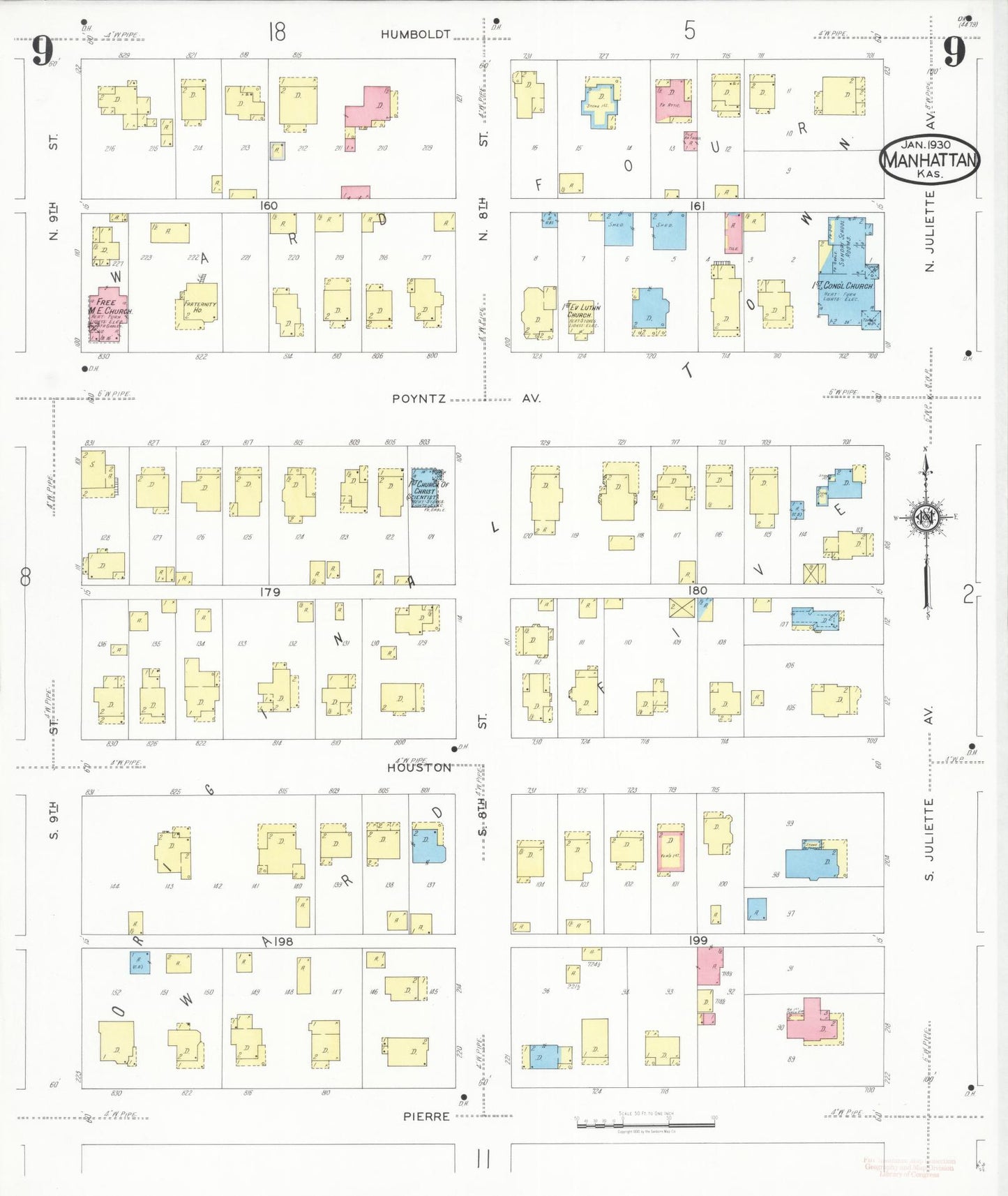 Sanborn Fire Insurance Map from Manhattan, Riley County, Kansas (1930), Sheet #0009 - Historic Sanborn Fire Insurance Map Print, vintage old map wall art, antique decor, genealogy gift, Kansas Kansas map