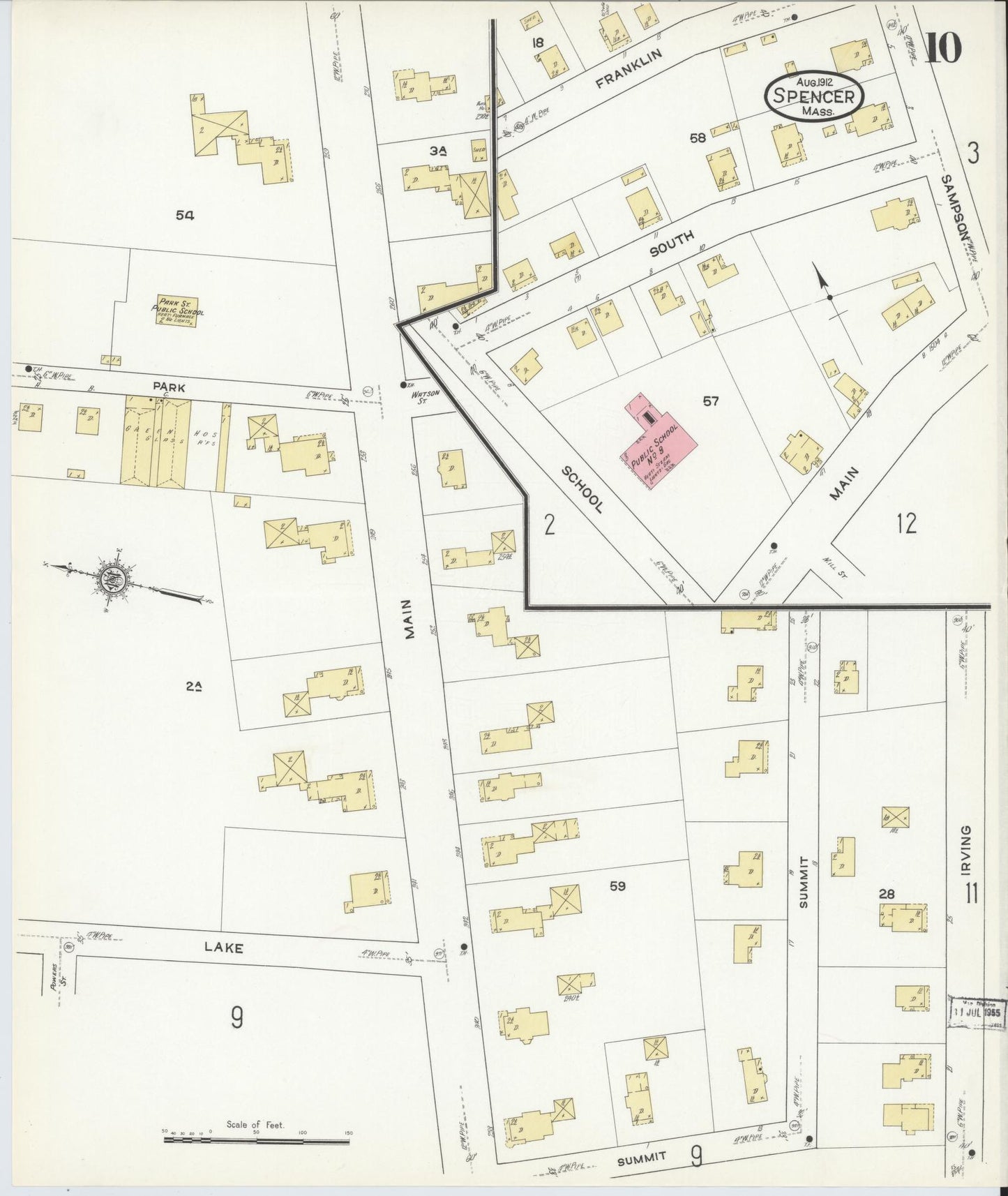 Sanborn Fire Insurance Map from Spencer, Worcester County, Massachusetts (1912), Sheet #0010 - Historic Sanborn Fire Insurance Map Print, vintage old map wall art, antique decor, genealogy gift, Massachusetts Massachusetts map