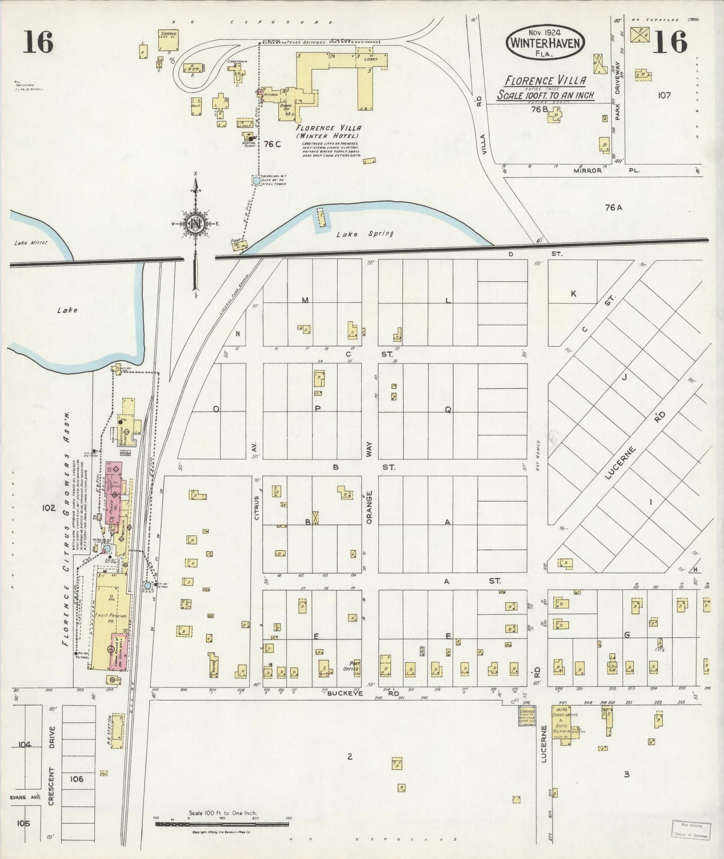 Sanborn Fire Insurance Map from Winter Haven, Polk County, Florida (1924), Sheet #0016 - Historic Sanborn Fire Insurance Map Print, vintage old map wall art, antique decor, genealogy gift, Florida Florida map