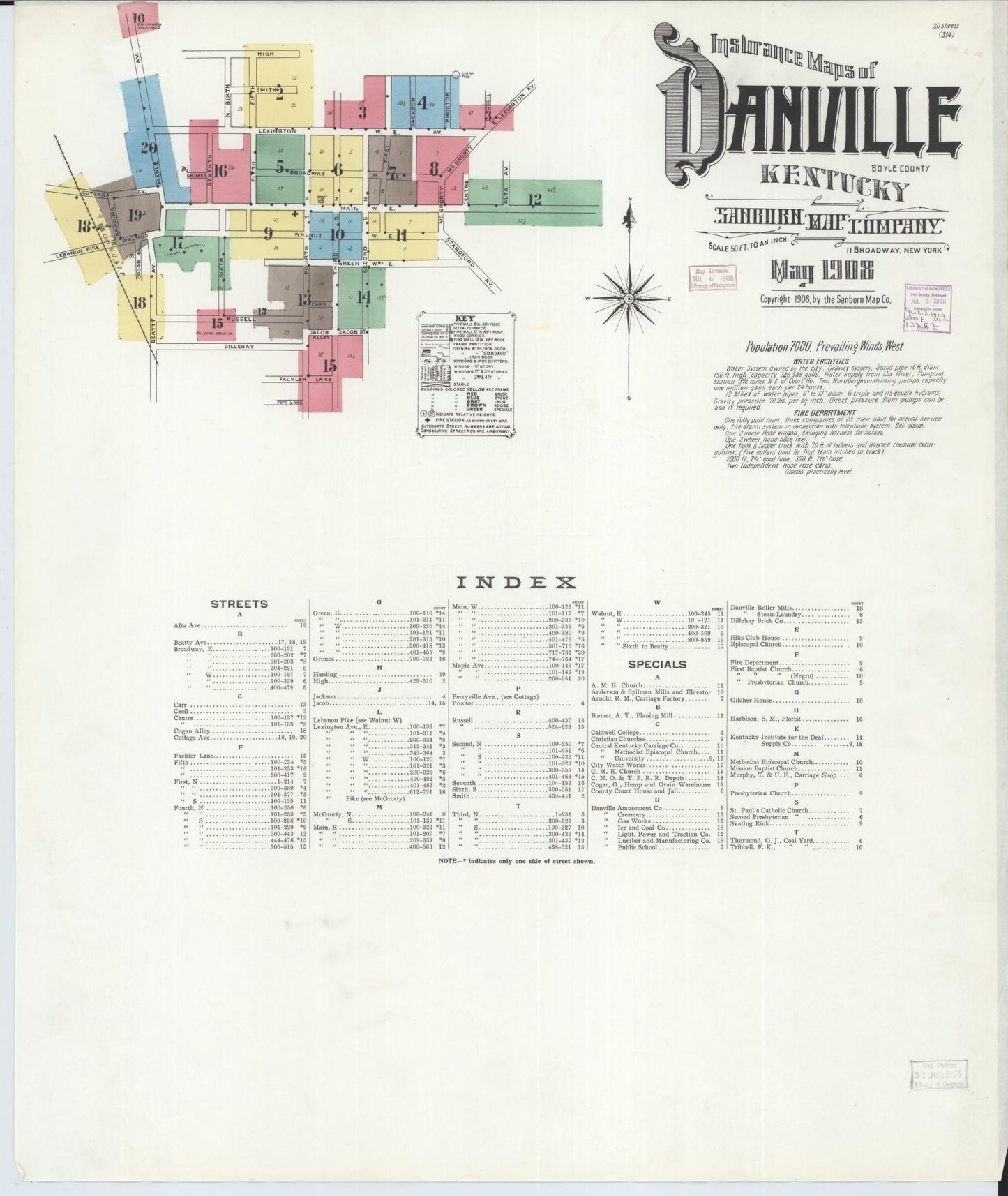Sanborn Fire Insurance Map from Danville, Boyle County, Kentucky (1908), Sheet #0001 - Historic Sanborn Fire Insurance Map Print, vintage old map wall art, antique decor, genealogy gift, Kentucky Kentucky map