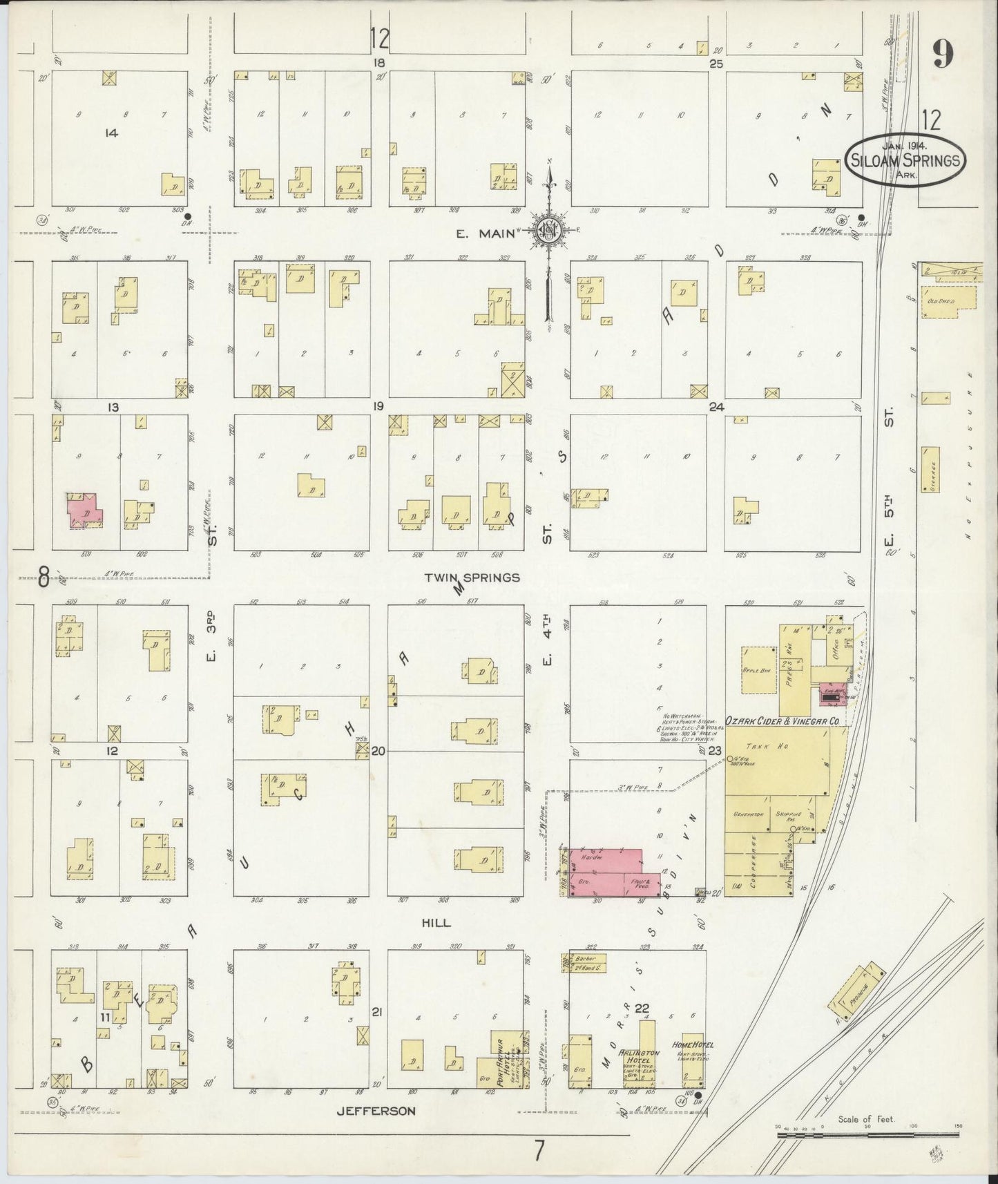 Sanborn Fire Insurance Map from Siloam Springs, Benton County, Arkansas (1914), Sheet #0009 - Historic Sanborn Fire Insurance Map Print, vintage old map wall art, antique decor, genealogy gift, Arkansas Arkansas map