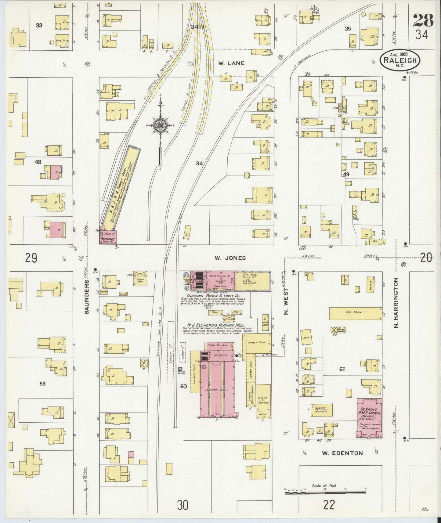 Sanborn Fire Insurance Map from Raleigh, Wake County, North Carolina (1909), Sheet #0028 - Historic Sanborn Fire Insurance Map Print, vintage old map wall art, antique decor, genealogy gift, North Carolina North Carolina map