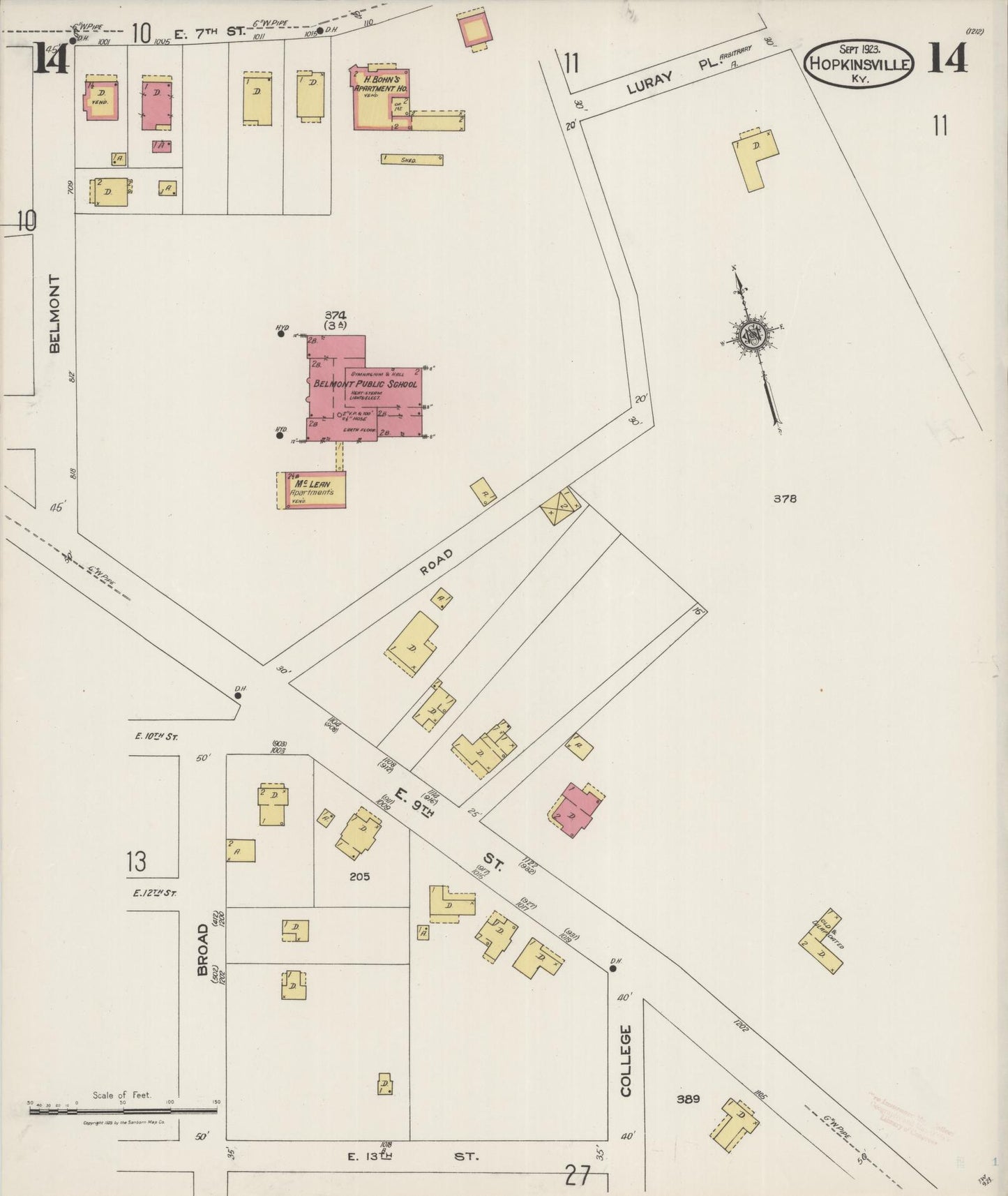 Sanborn Fire Insurance Map from Hopkinsville, Christian County, Kentucky (1923), Sheet #0014 - Historic Sanborn Fire Insurance Map Print, vintage old map wall art, antique decor, genealogy gift, Kentucky Kentucky map