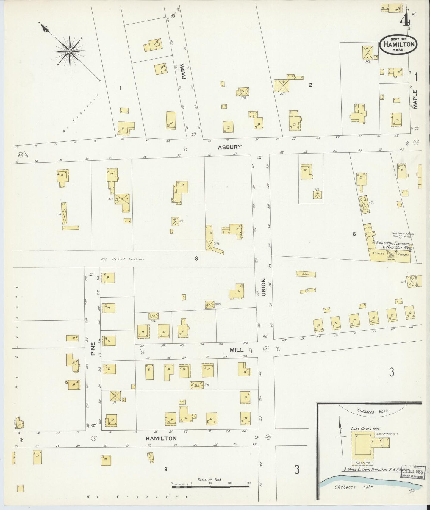 Sanborn Fire Insurance Map from Hamilton, Essex County, Massachusetts (1907), Sheet #0004 - Historic Sanborn Fire Insurance Map Print, vintage old map wall art, antique decor, genealogy gift, Massachusetts Massachusetts map