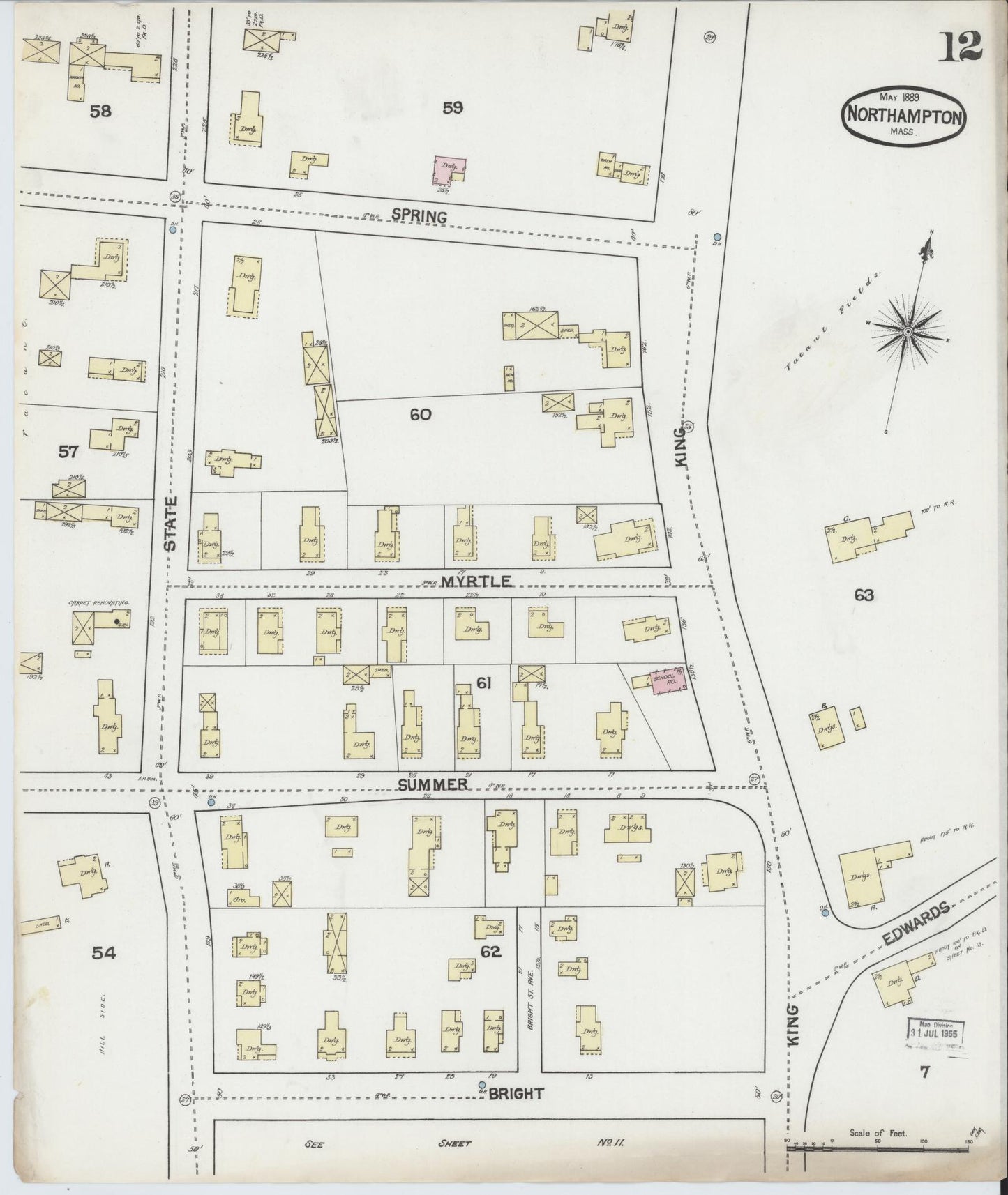 Sanborn Fire Insurance Map from Northampton, Hampshire County, Massachusetts (1889), Sheet #0012 - Historic Sanborn Fire Insurance Map Print, vintage old map wall art, antique decor, genealogy gift, Massachusetts Massachusetts map
