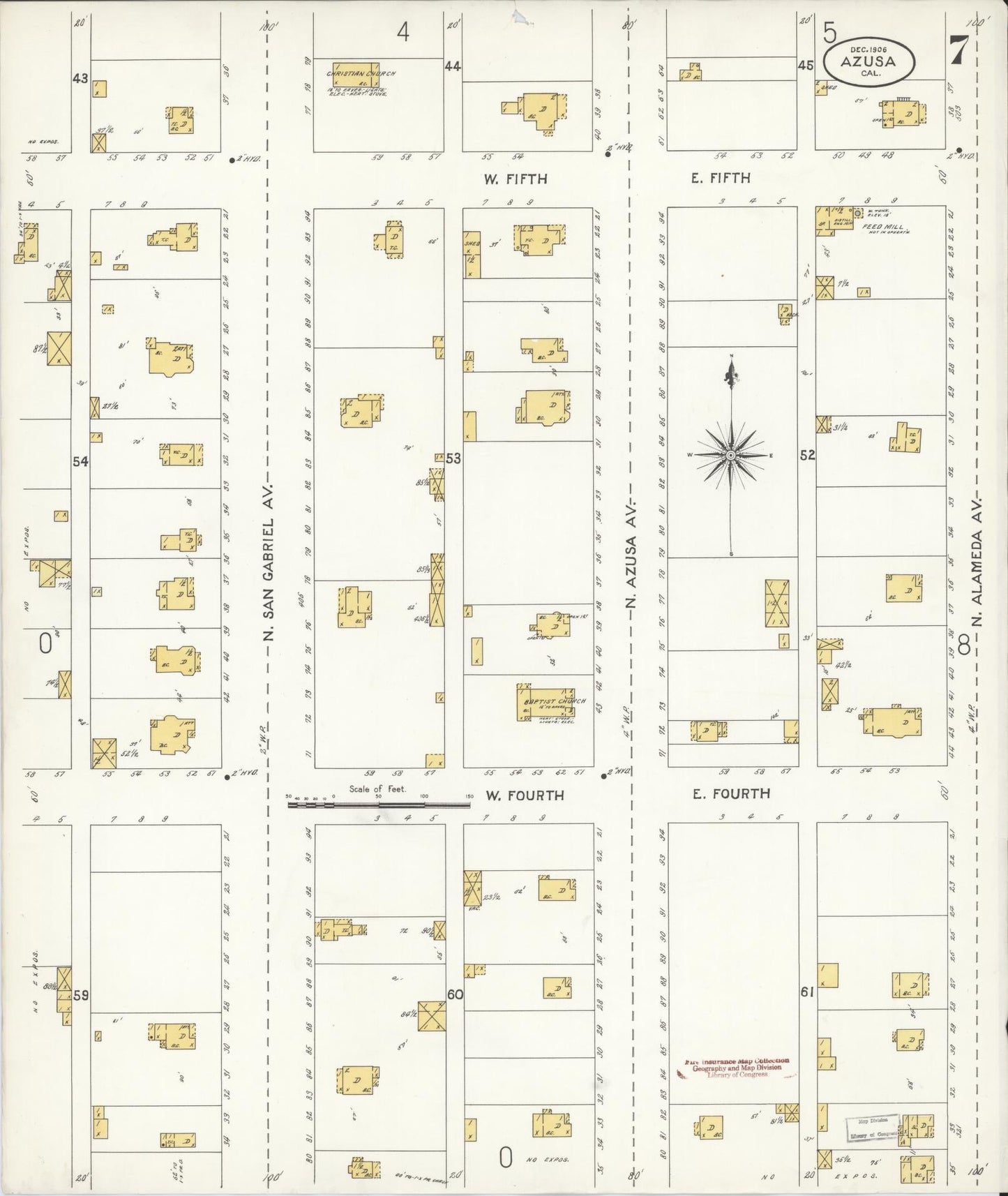 Sanborn Fire Insurance Map from Azusa, Los Angeles County, California (1906), Sheet #0007 - Historic Sanborn Fire Insurance Map Print, vintage old map wall art, antique decor, genealogy gift, California California map