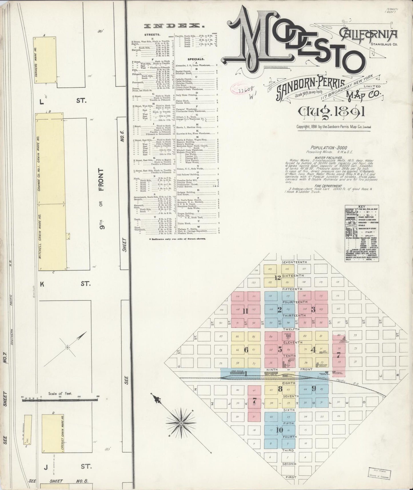Sanborn Fire Insurance Map from Modesto, Stanislaus County, California (1891), Sheet #0001 - Historic Sanborn Fire Insurance Map Print, vintage old map wall art, antique decor, genealogy gift, California California map