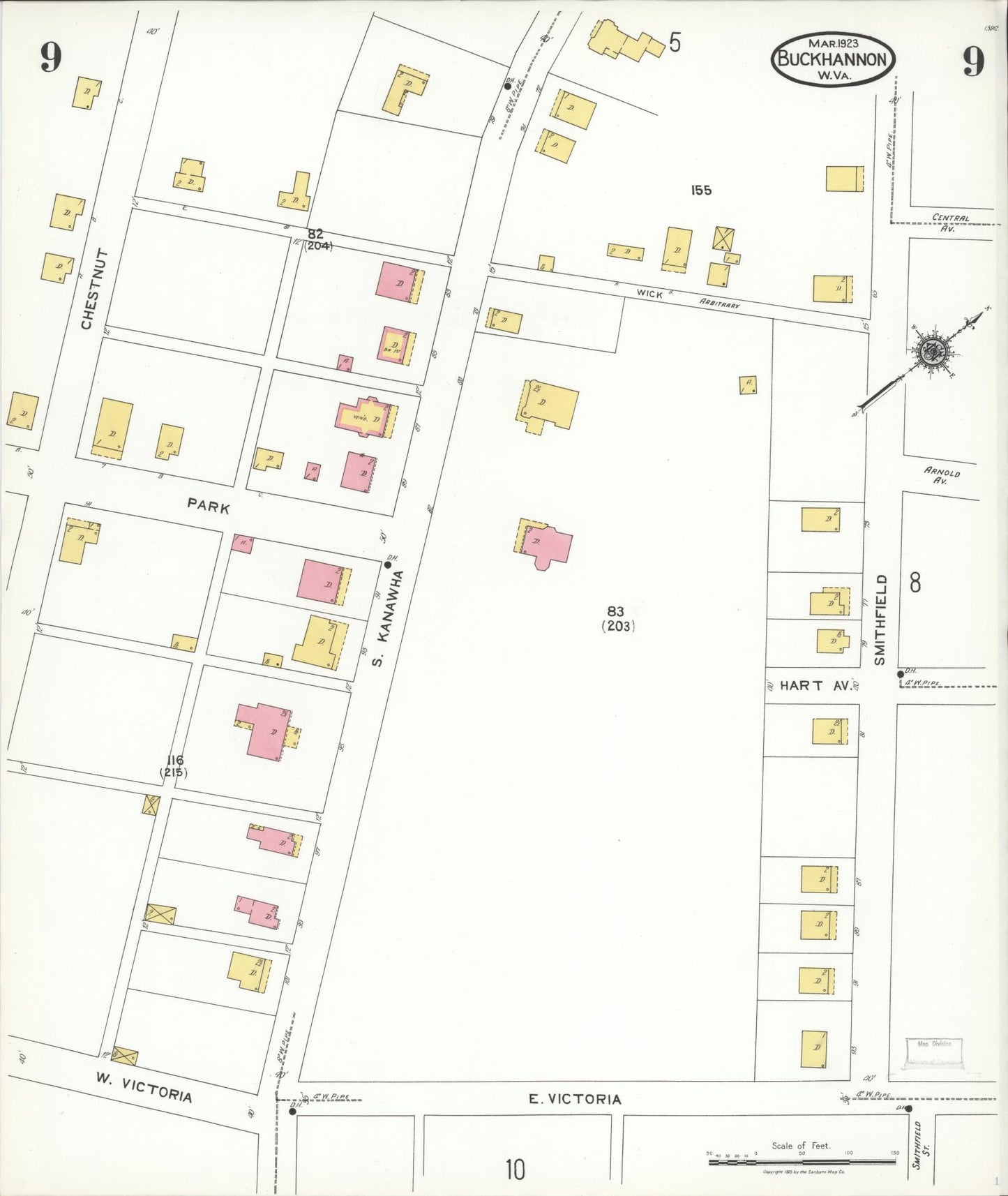 Sanborn Fire Insurance Map from Buckhannon, Upshur County, West Virginia (1923), Sheet #0009 - Historic Sanborn Fire Insurance Map Print, vintage old map wall art, antique decor, genealogy gift, West Virginia West Virginia map