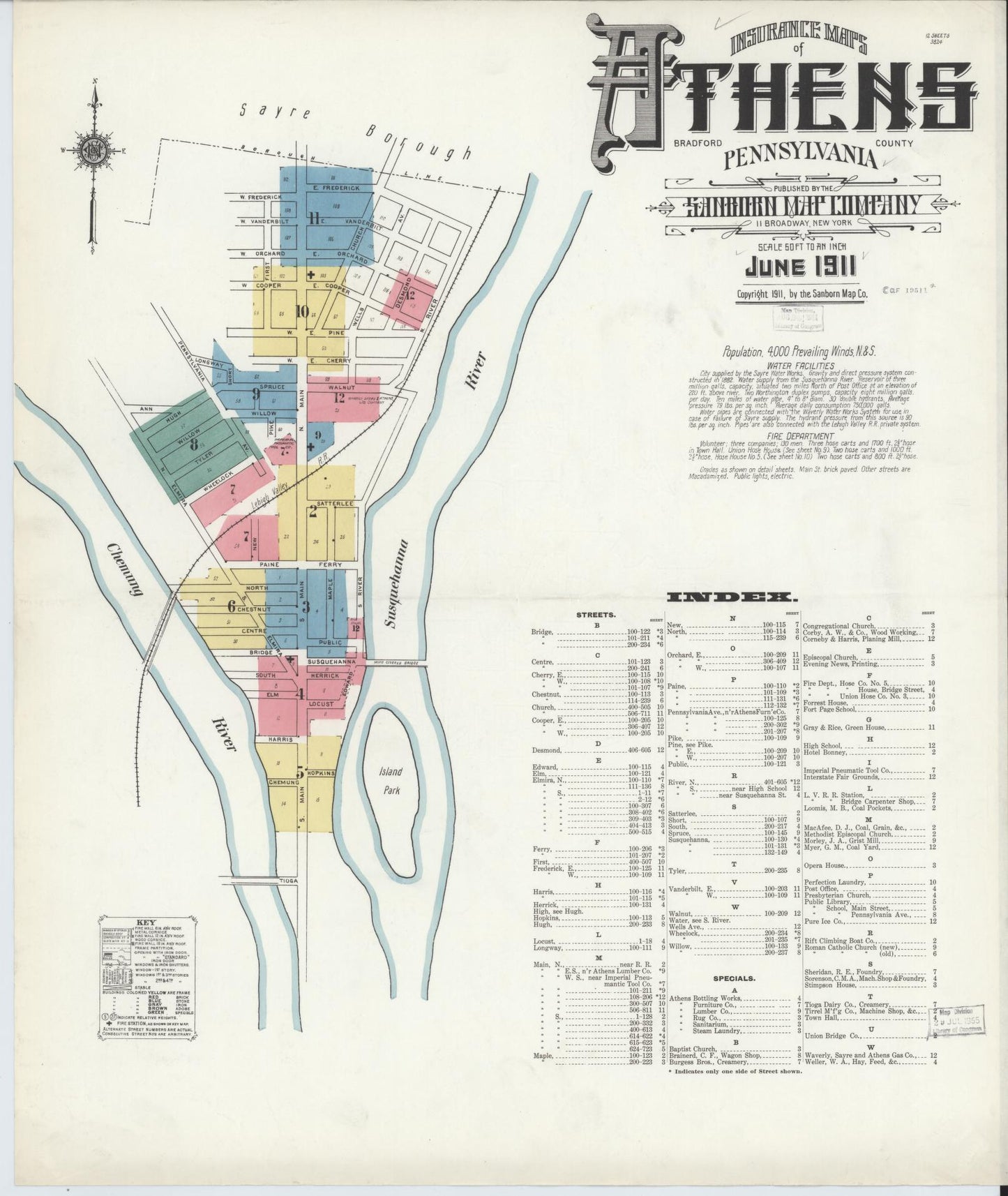 Sanborn Fire Insurance Map from Athens, Bradford County, Pennsylvania (1911), Sheet #0001 - Historic Sanborn Fire Insurance Map Print, vintage old map wall art, antique decor, genealogy gift, Pennsylvania Pennsylvania map