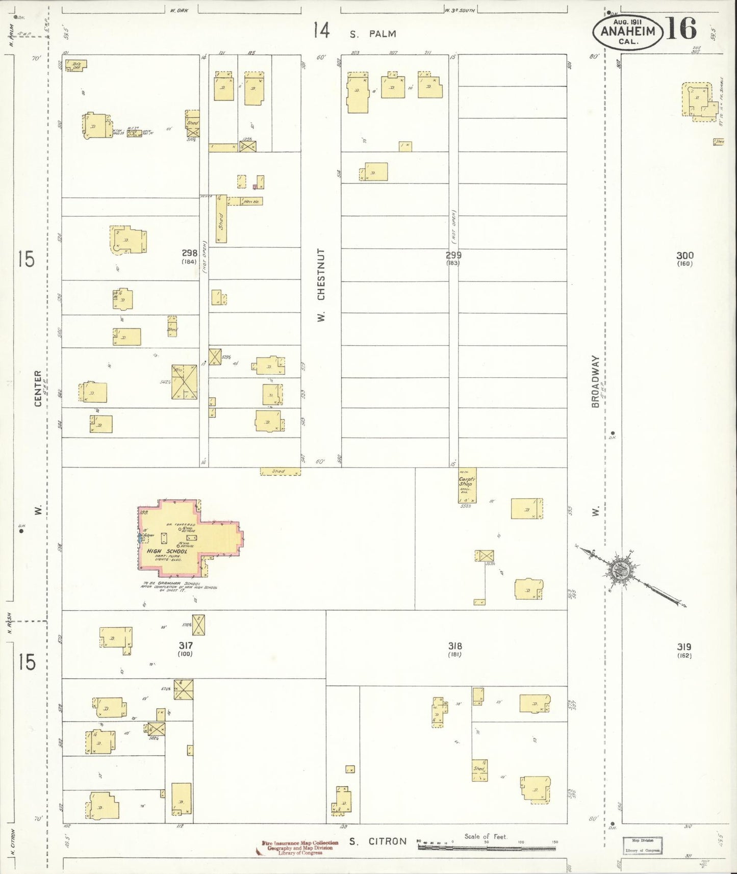 Sanborn Fire Insurance Map from Anaheim, Orange County, California (1911), Sheet #0016 - Historic Sanborn Fire Insurance Map Print, vintage old map wall art, antique decor, genealogy gift, California California map