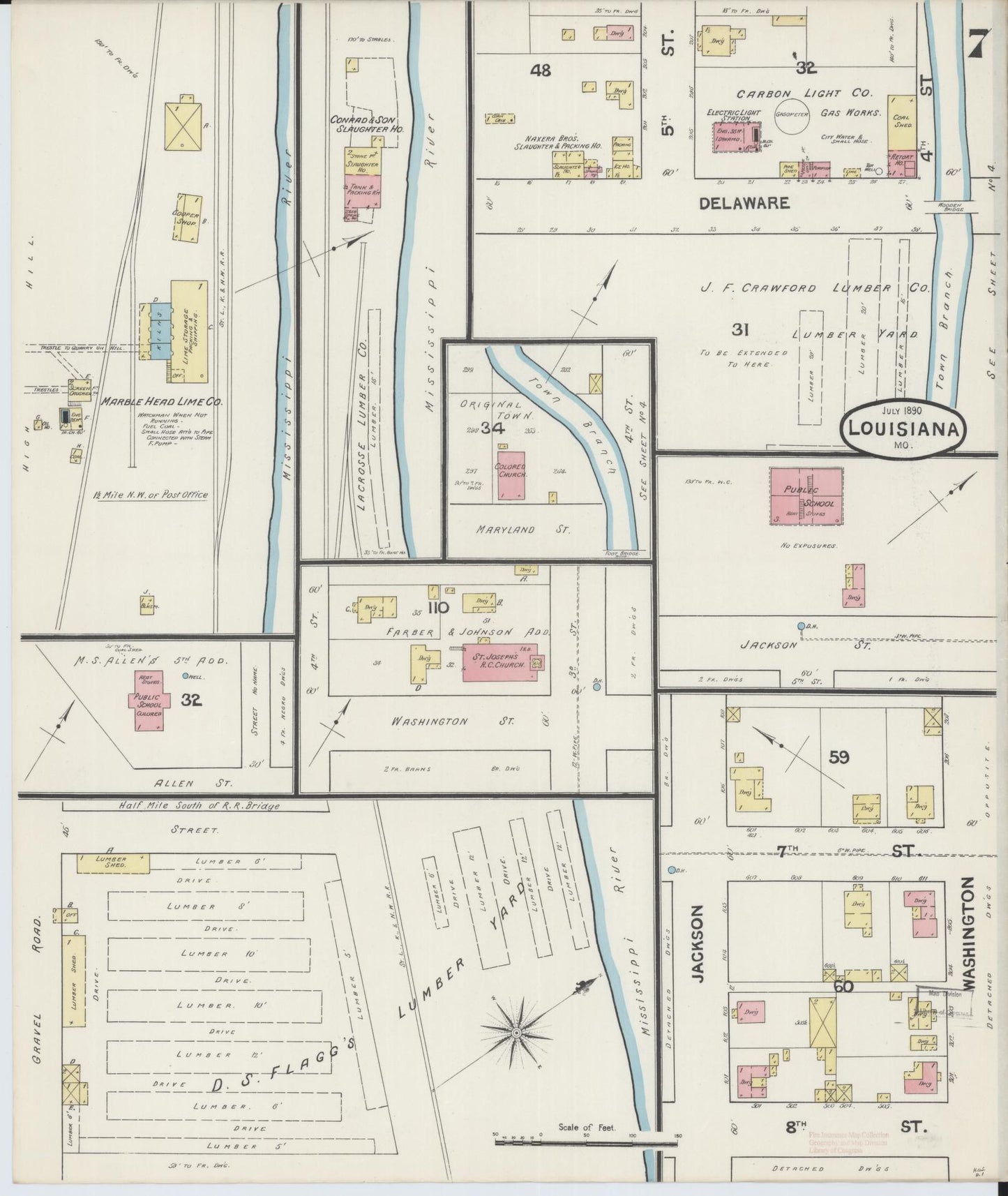 Sanborn Fire Insurance Map from Louisiana, Pike County, Missouri (1890), Sheet #0007 - Complete Map Set gallery image, historic Sanborn map, vintage wall art, Missouri Missouri
