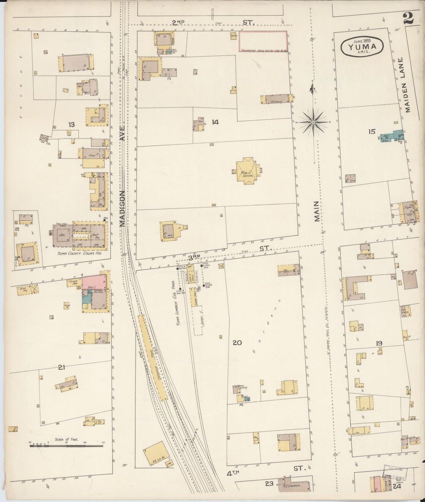 Sanborn Fire Insurance Map from Yuma, Yuma County, Arizona (1893), Sheet #0002 - Historic Sanborn Fire Insurance Map Print, vintage old map wall art, antique decor, genealogy gift, Arizona Arizona map