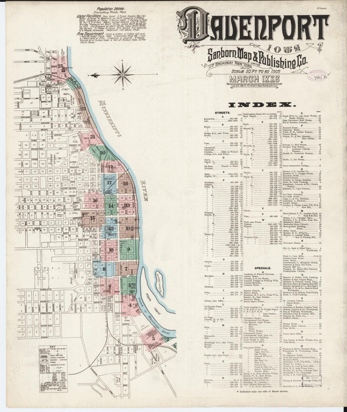 Sanborn Fire Insurance Map from Davenport, Scott County, Iowa (1886), Sheet #0001 - Historic Sanborn Fire Insurance Map Print, vintage old map wall art