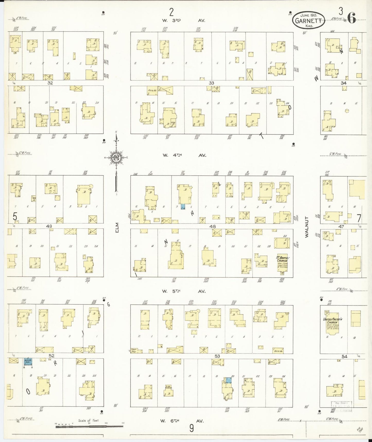 Sanborn Fire Insurance Map from Garnett, Anderson County, Kansas (1913), Sheet #0006 - Historic Sanborn Fire Insurance Map Print, vintage old map wall art, antique decor, genealogy gift, Kansas Kansas map