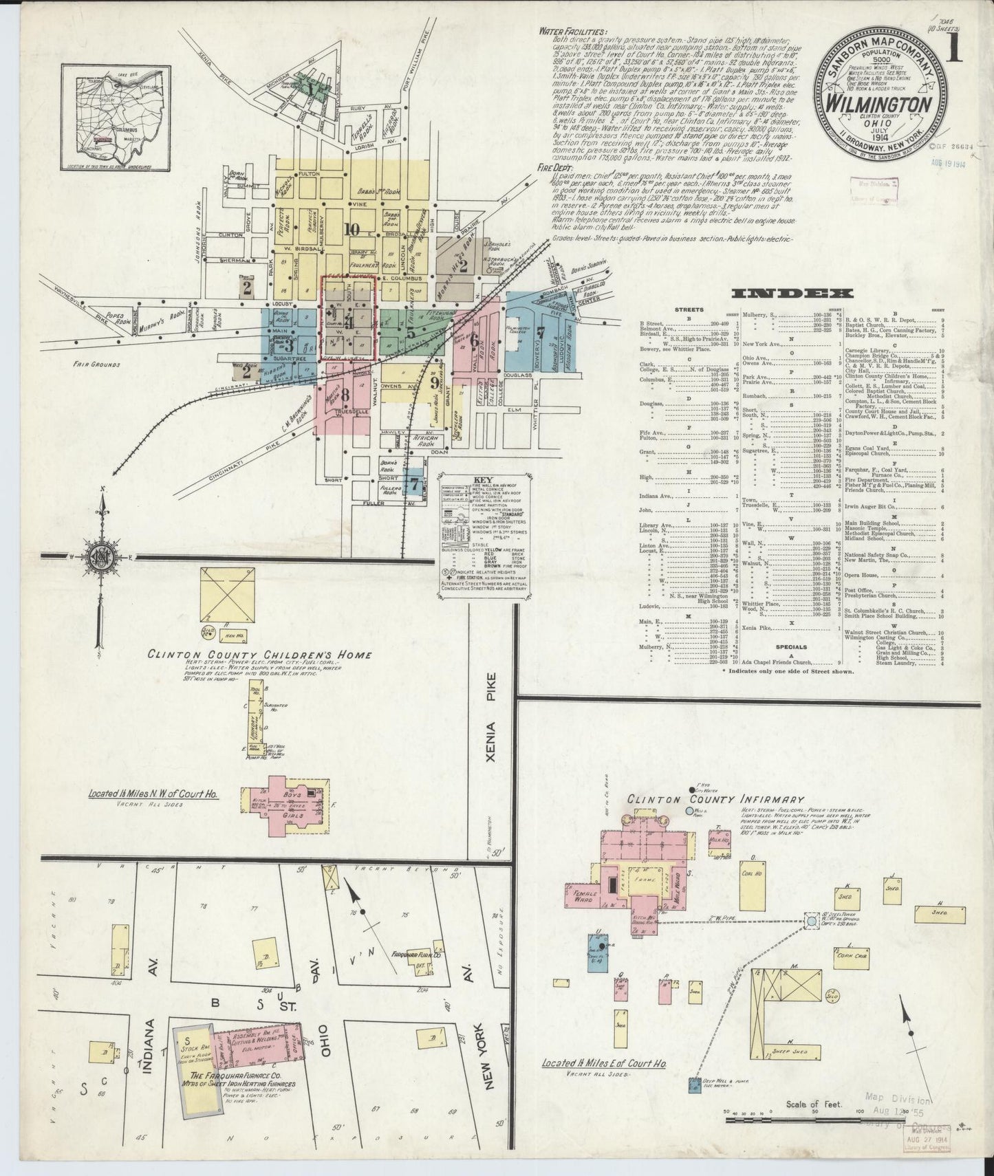 Sanborn Fire Insurance Map from Wilmington, Clinton County, Ohio (1914), Sheet #0001 - Historic Sanborn Fire Insurance Map Print, vintage old map wall art, antique decor, genealogy gift, Ohio Ohio map