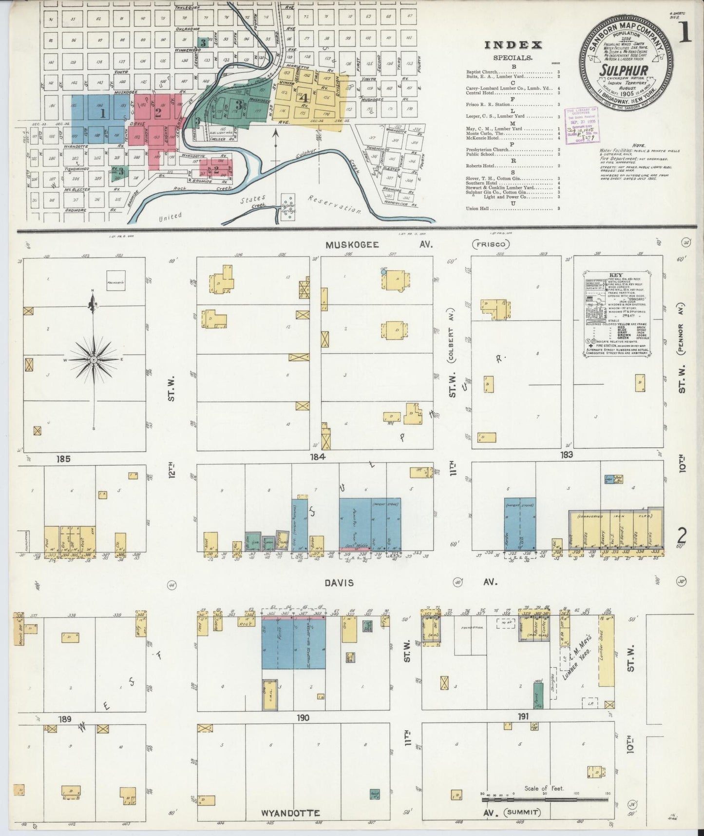Sanborn Fire Insurance Map from Sulphur, Murray County, Oklahoma (1905), Sheet #0001 - Historic Sanborn Fire Insurance Map Print, vintage old map wall art, antique decor, genealogy gift, Oklahoma Oklahoma map