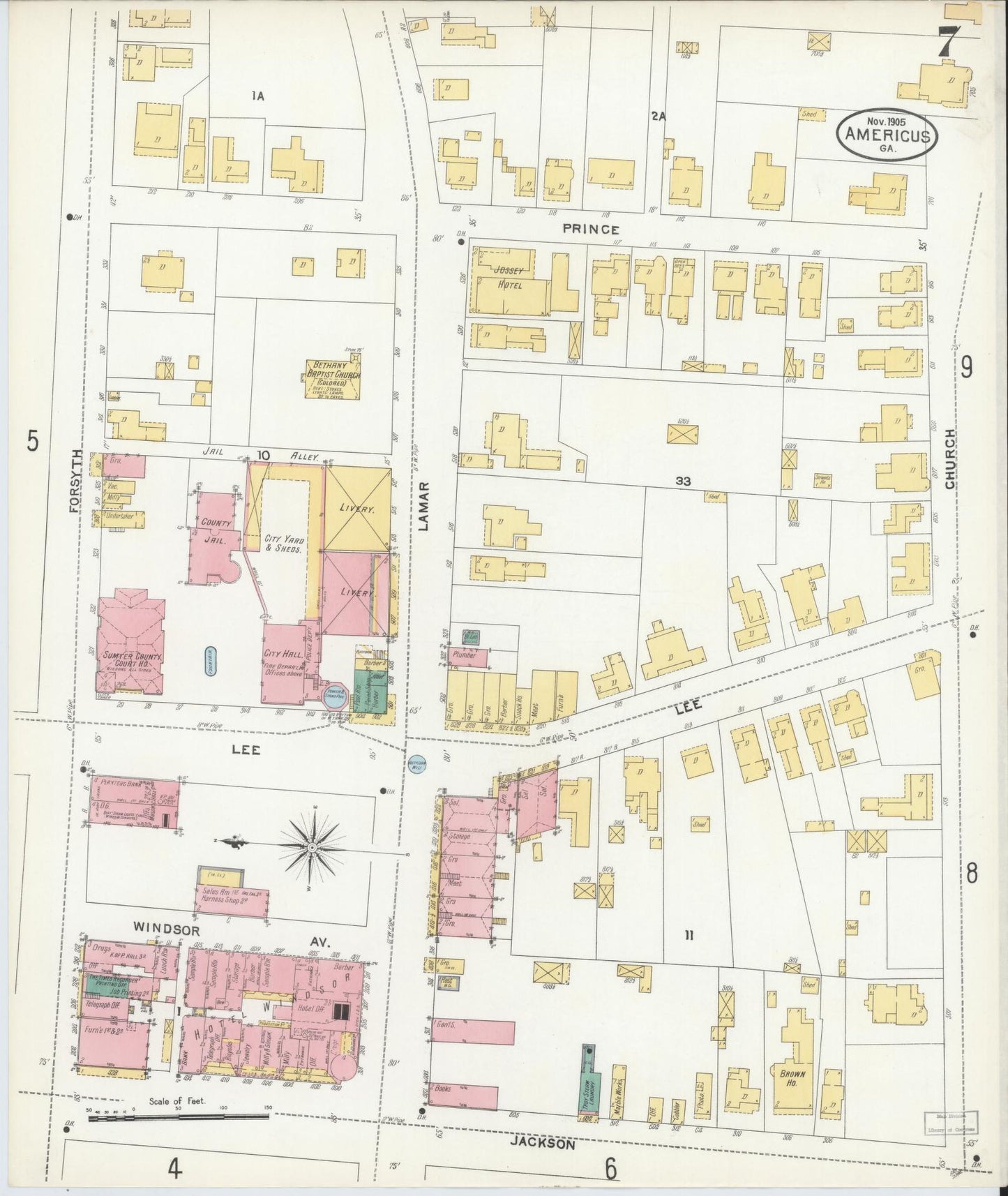Sanborn Fire Insurance Map from Americus, Sumter County, Georgia (1905), Sheet #0007 - Historic Sanborn Fire Insurance Map Print, vintage old map wall art, antique decor, genealogy gift, Georgia Georgia map