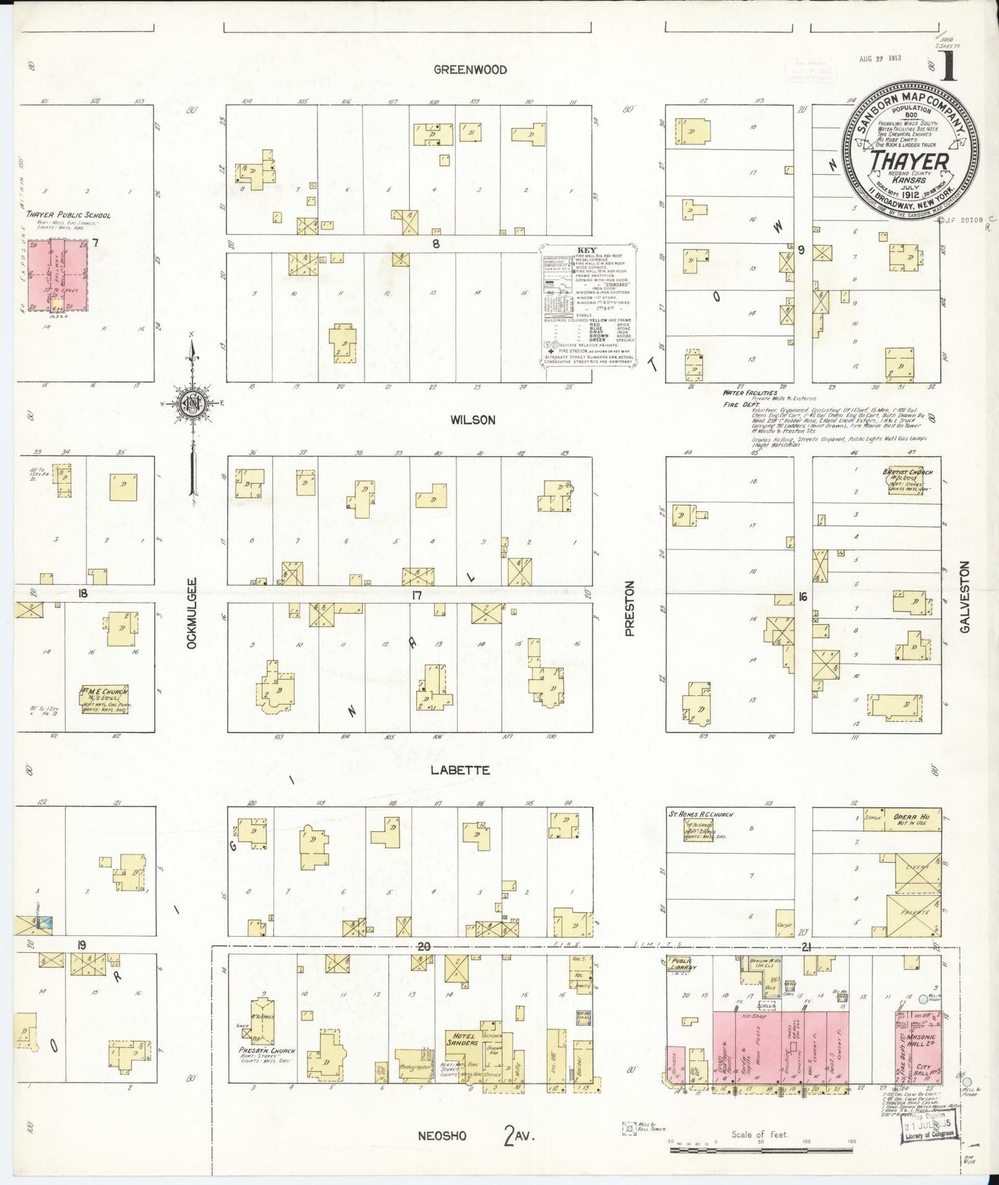 Sanborn Fire Insurance Map from Thayer, Neosho County, Kansas (1912), Sheet #0001 - Historic Sanborn Fire Insurance Map Print, vintage old map wall art, antique decor, genealogy gift, Kansas Kansas map