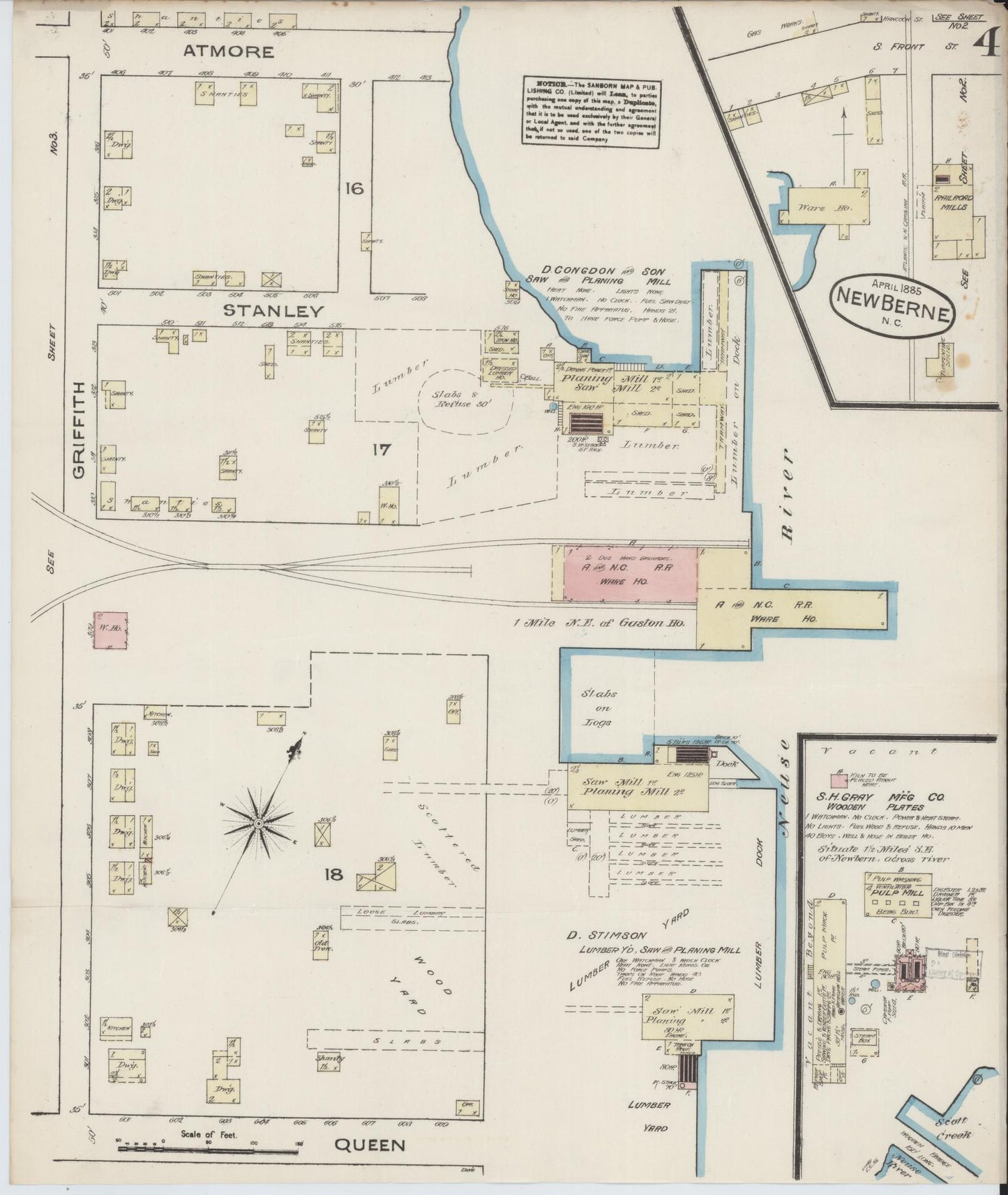 Sanborn Fire Insurance Map from New Bern, Craven County, North Carolina (1885), Sheet #0004 - Historic Sanborn Fire Insurance Map Print, vintage old map wall art, antique decor, genealogy gift, North Carolina North Carolina map